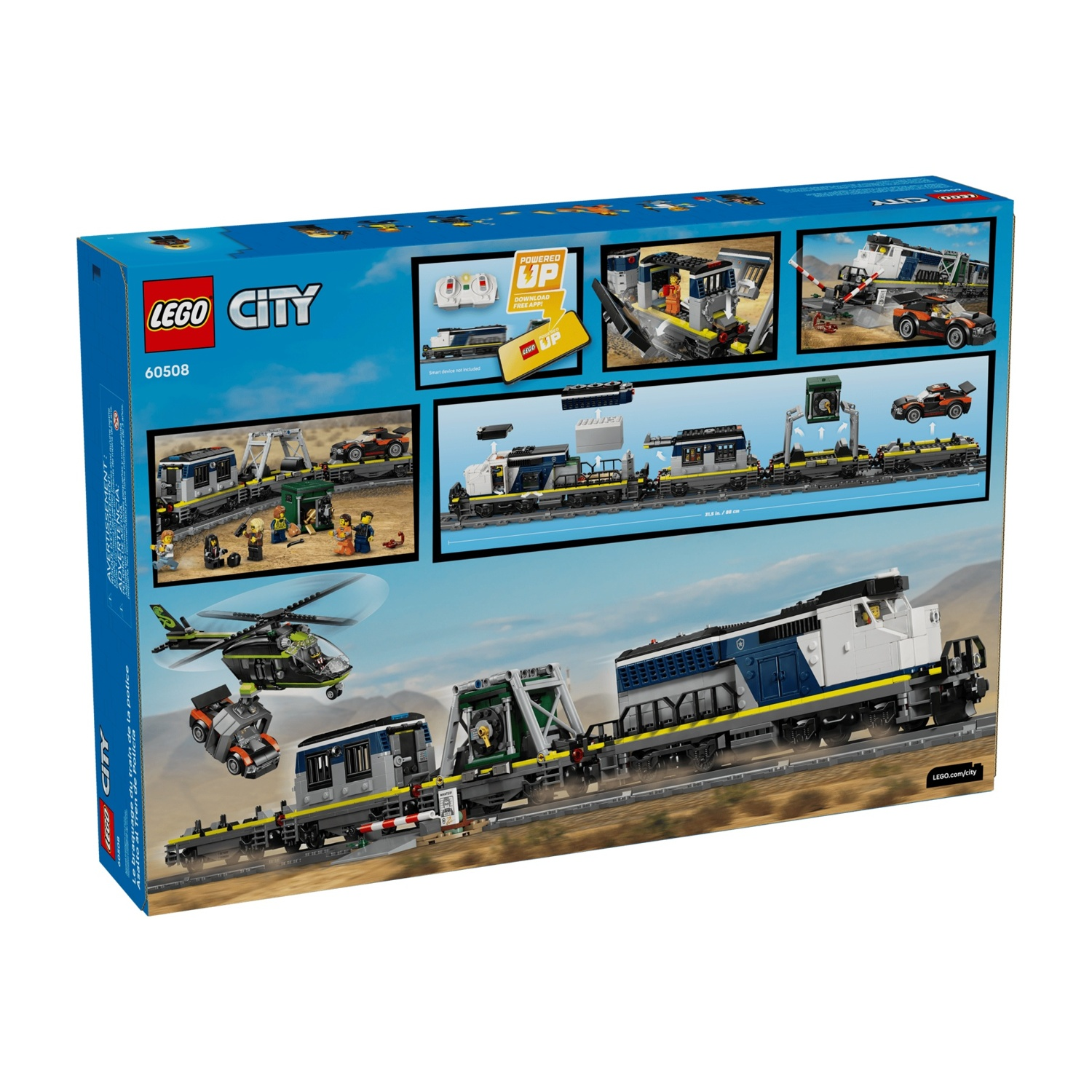 Treno merci Lego City con locomotiva, vagoni, elicottero, auto e figure su binari.