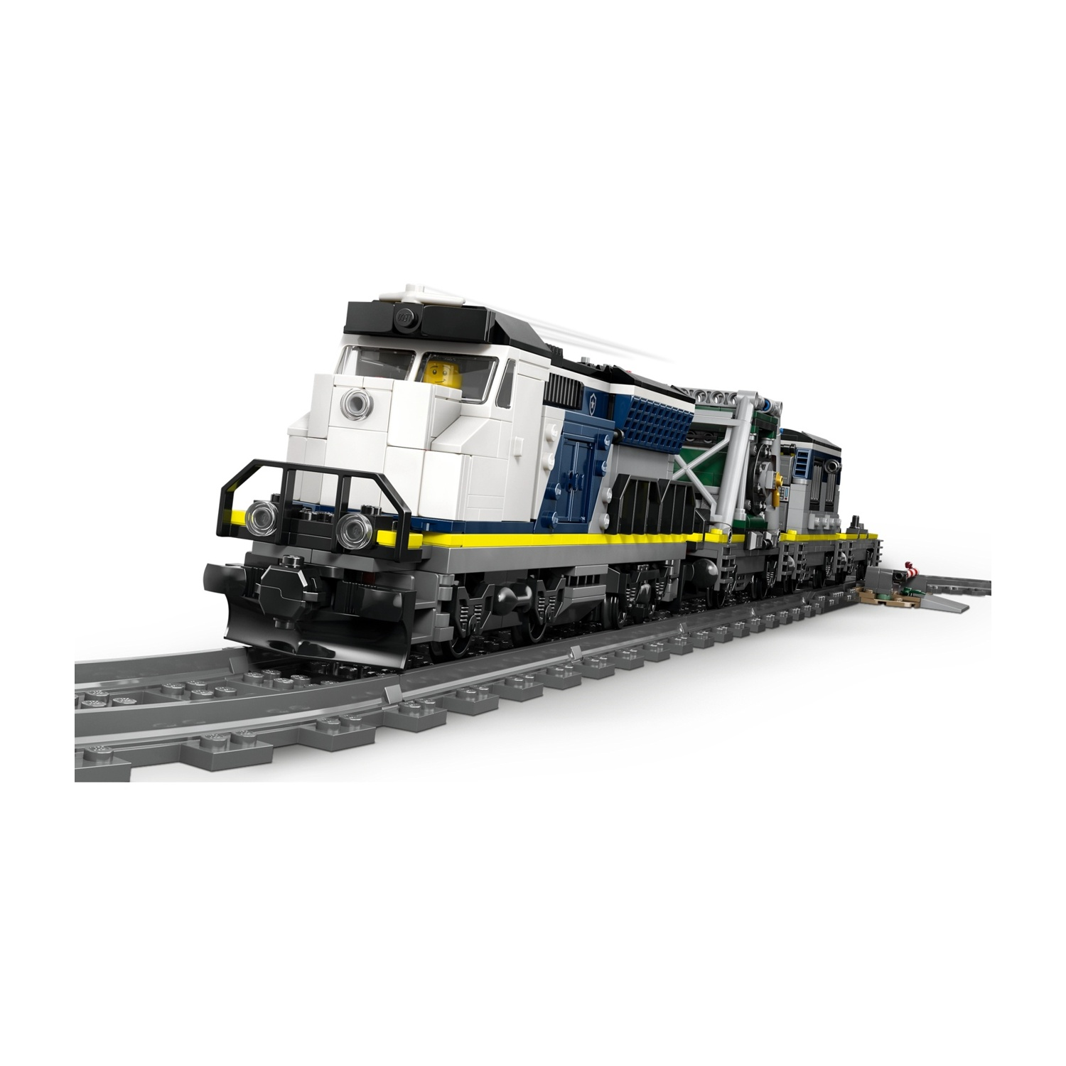 Una locomotiva Lego bianca e blu con accenti gialli sui binari.