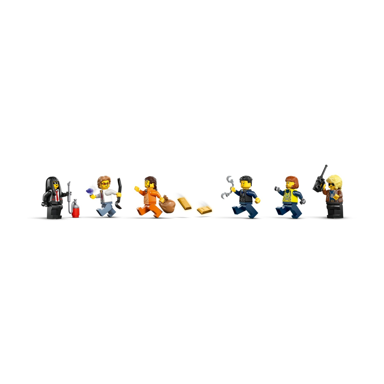 Sei minifigure Lego con vari accessori tra cui un estintore e lingotti d'oro.