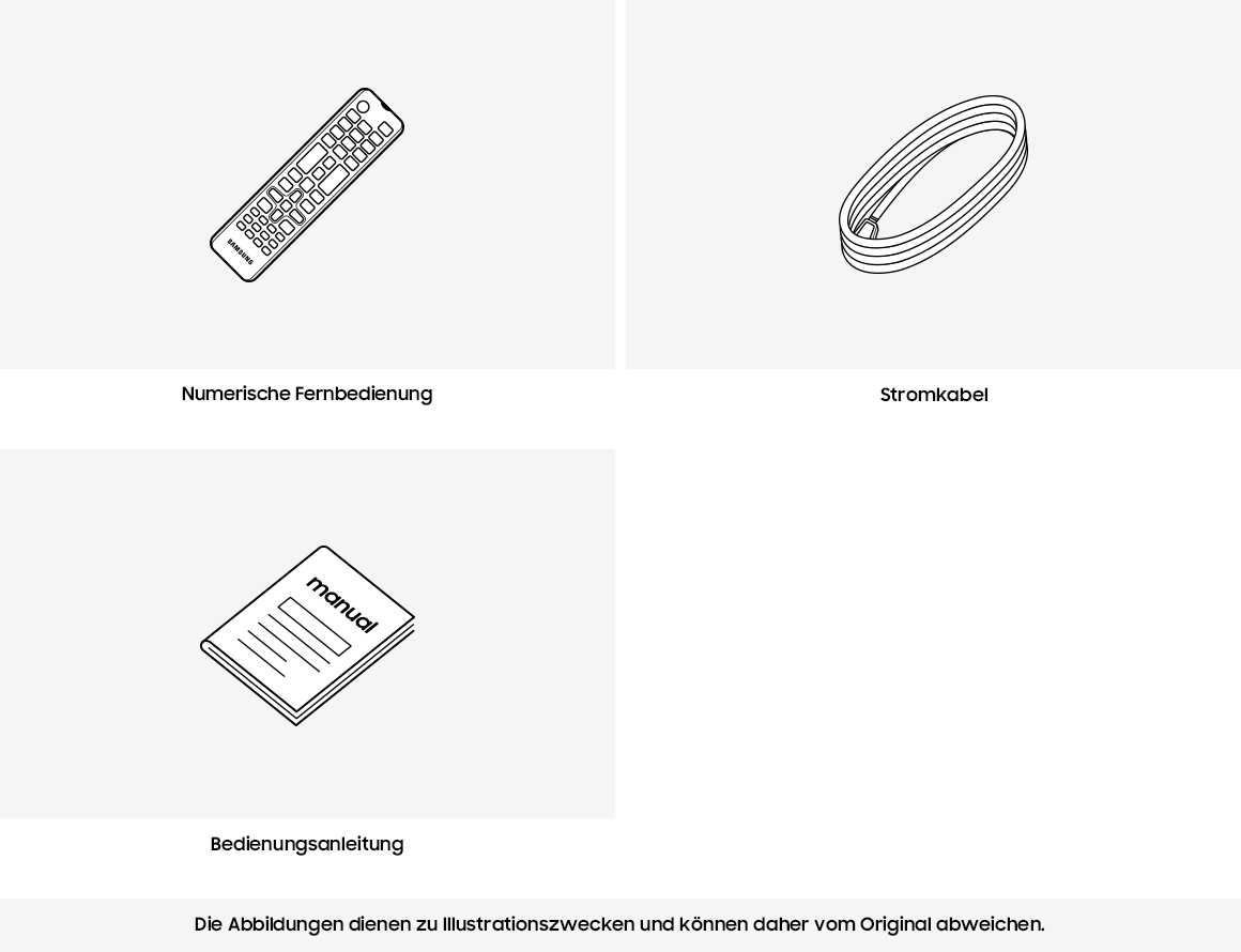 Eine numerische Fernbedienung, ein Stromkabel und eine Bedienungsanleitung.
