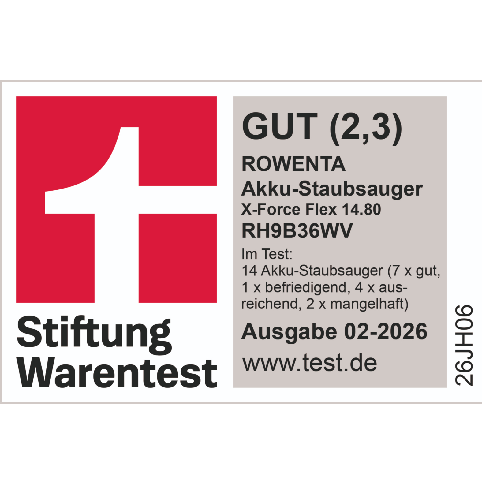 Stiftung Warentest Siegel für Rowenta Akku-Staubsauger mit GUT (2,3).