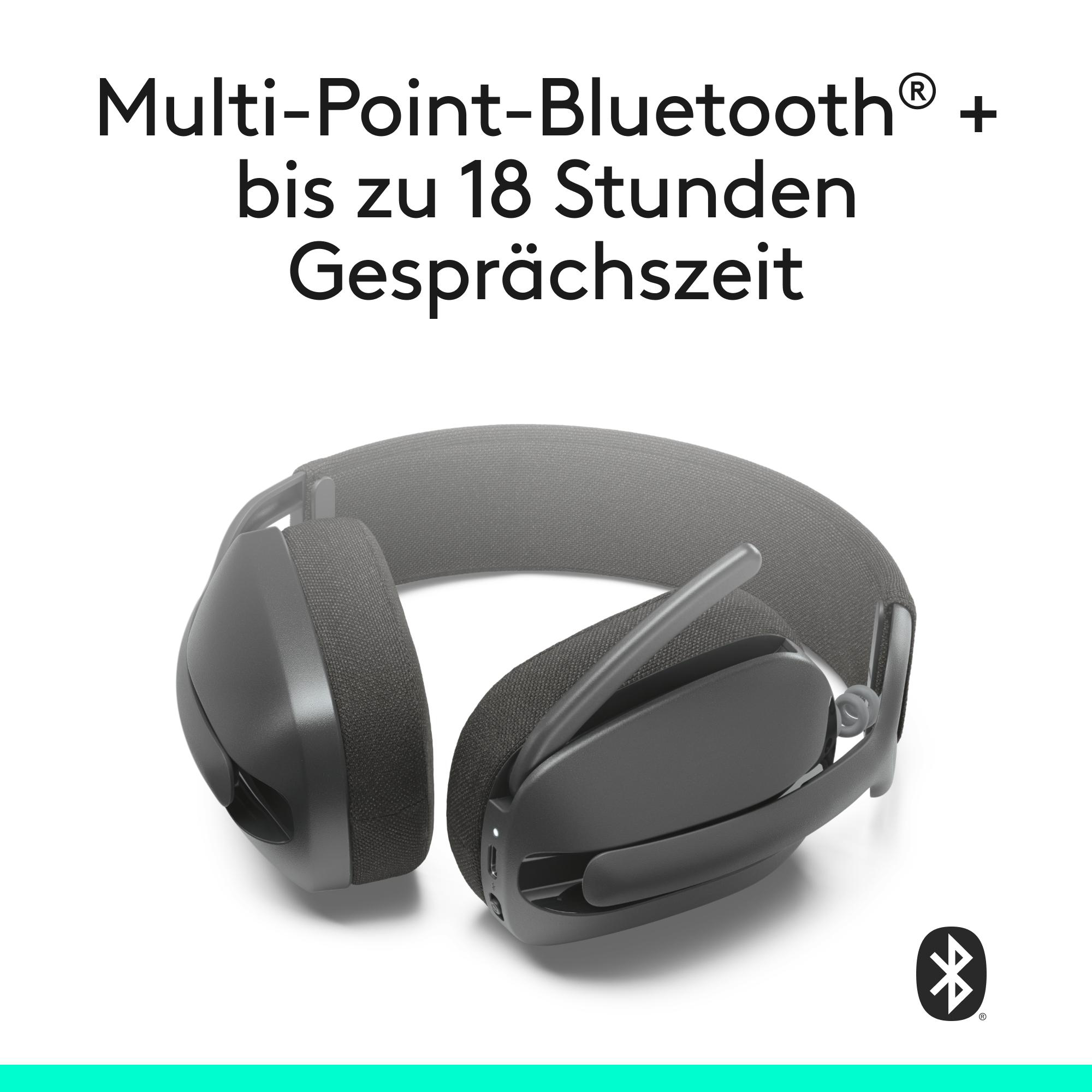 Schwarzer Kopfhörer mit Bluetooth-Symbol und Text: Bis zu 18 Stunden Gesprächszeit.