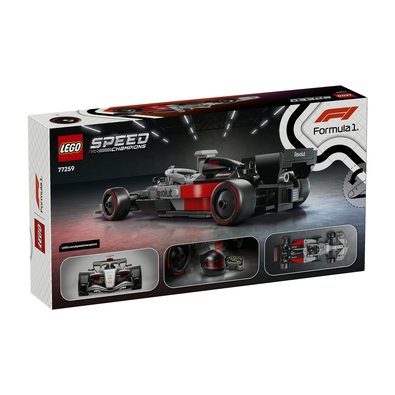 Scatola set auto da corsa LEGO Formula 1 con primi piani del modello.
