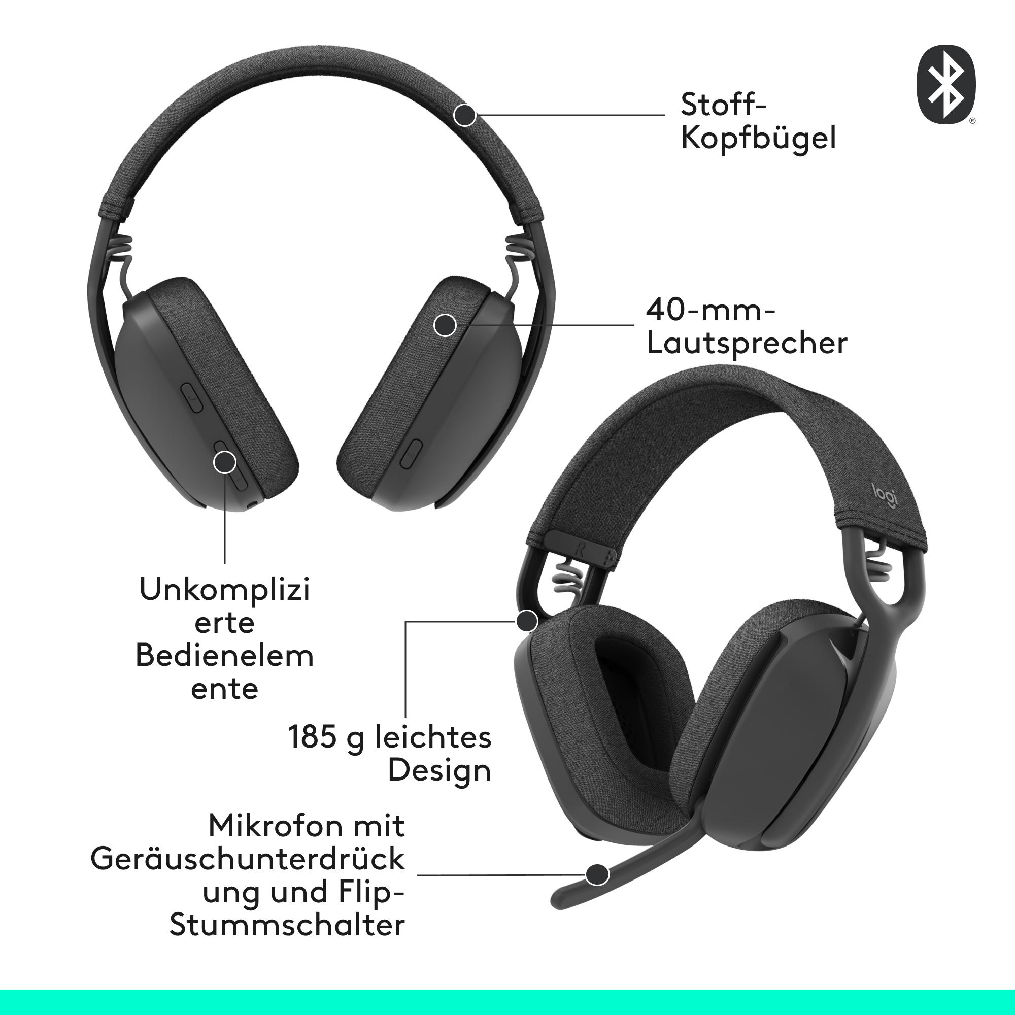 Schwarze Kopfhörer mit Stoffbügel und 40-mm-Treibern, Mikrofon, leichter Bauweise.