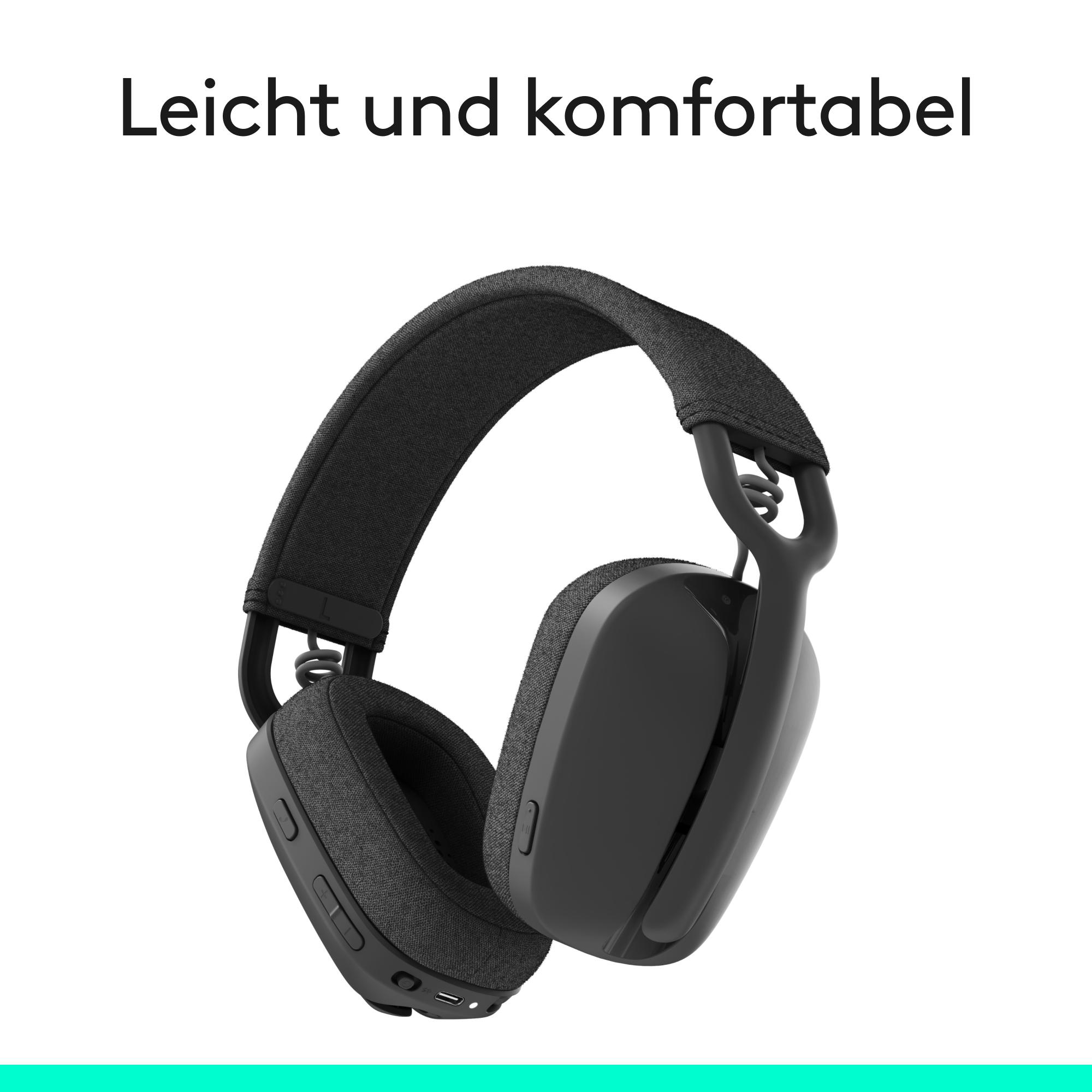 Schwarze Over-Ear-Kopfhörer mit grauem Stoff-Kopfband und Ohrmuscheln.