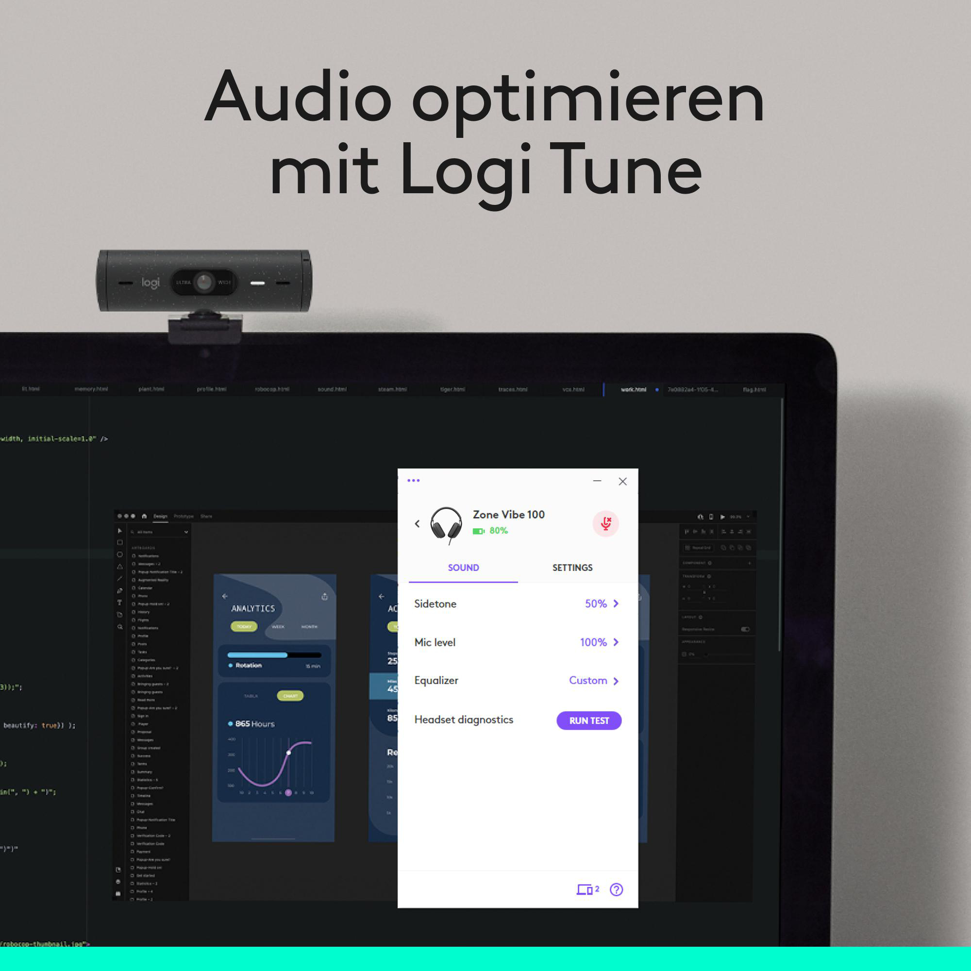 Logi Tune Software auf einem Laptop mit Webcam und Audio-Einstellungen.