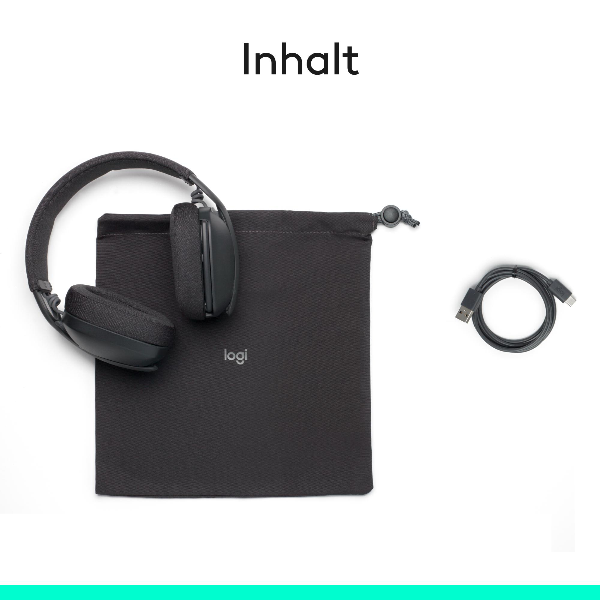 Schwarze Kopfhörer, Stoffbeutel und USB-Kabel mit Logi-Logo.