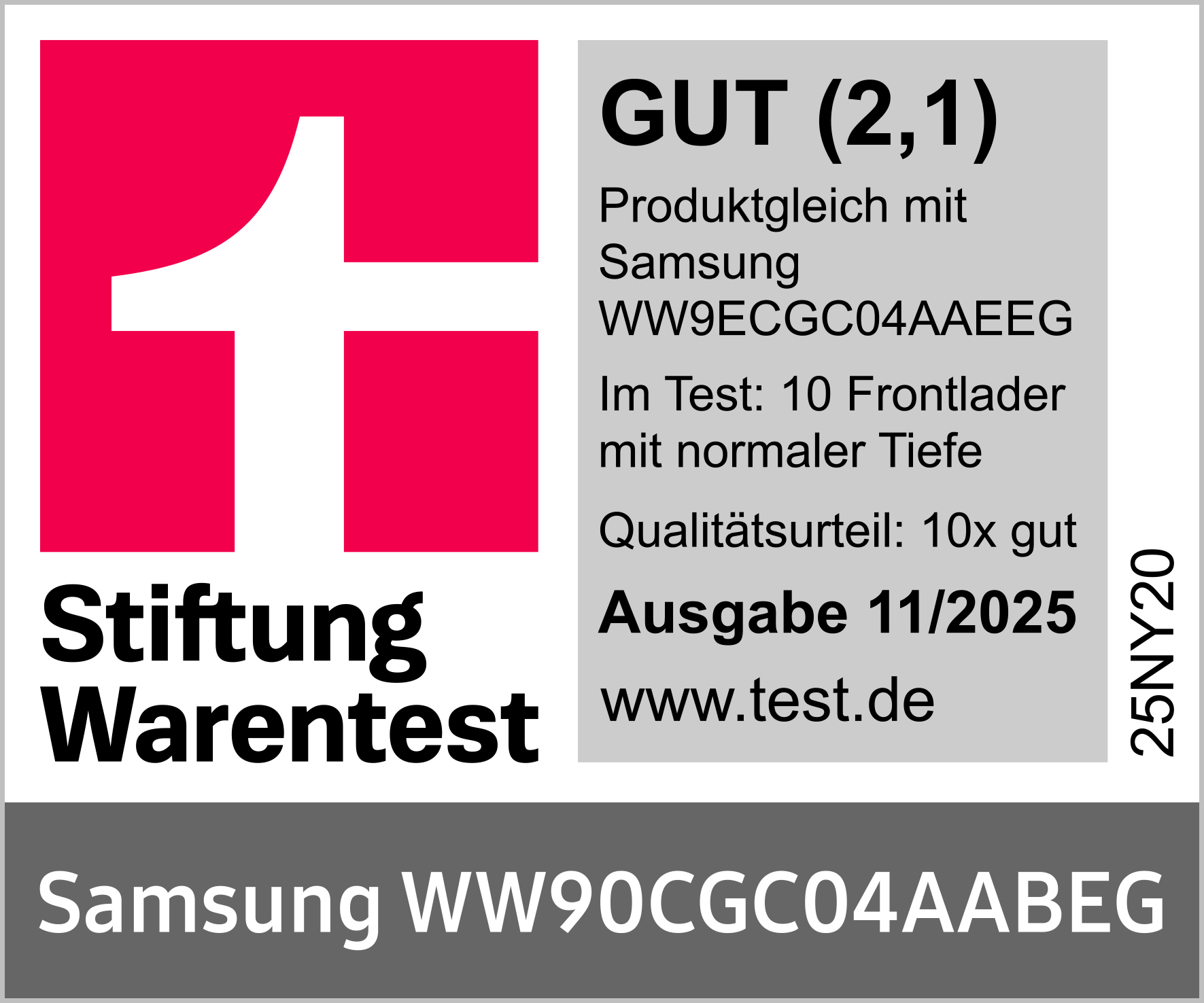 Stiftung Warentest Siegel für Samsung Waschmaschine WW90CGC04AABEG.