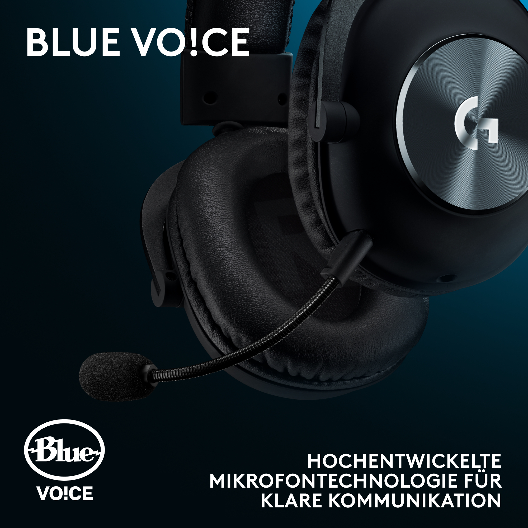 Schwarzer Kopfhörer mit Mikrofon und Logitech G-Logo. Blaue VO!CE-Schrift.