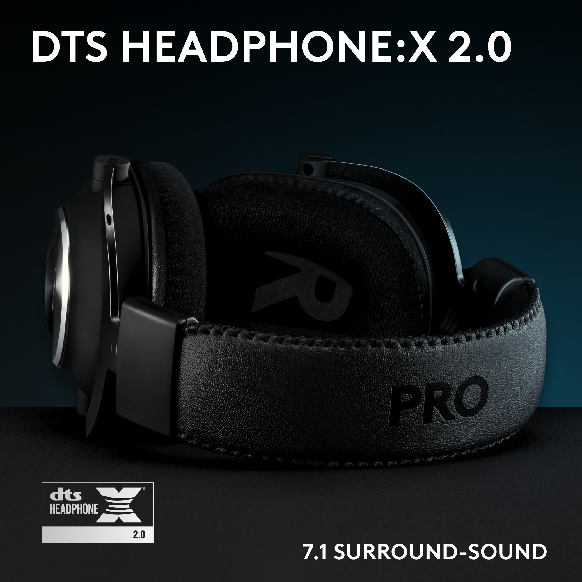 Schwarze Kopfhörer mit DTS Headphone:X 2.0 und 7.1 Surround-Sound-Logo.
