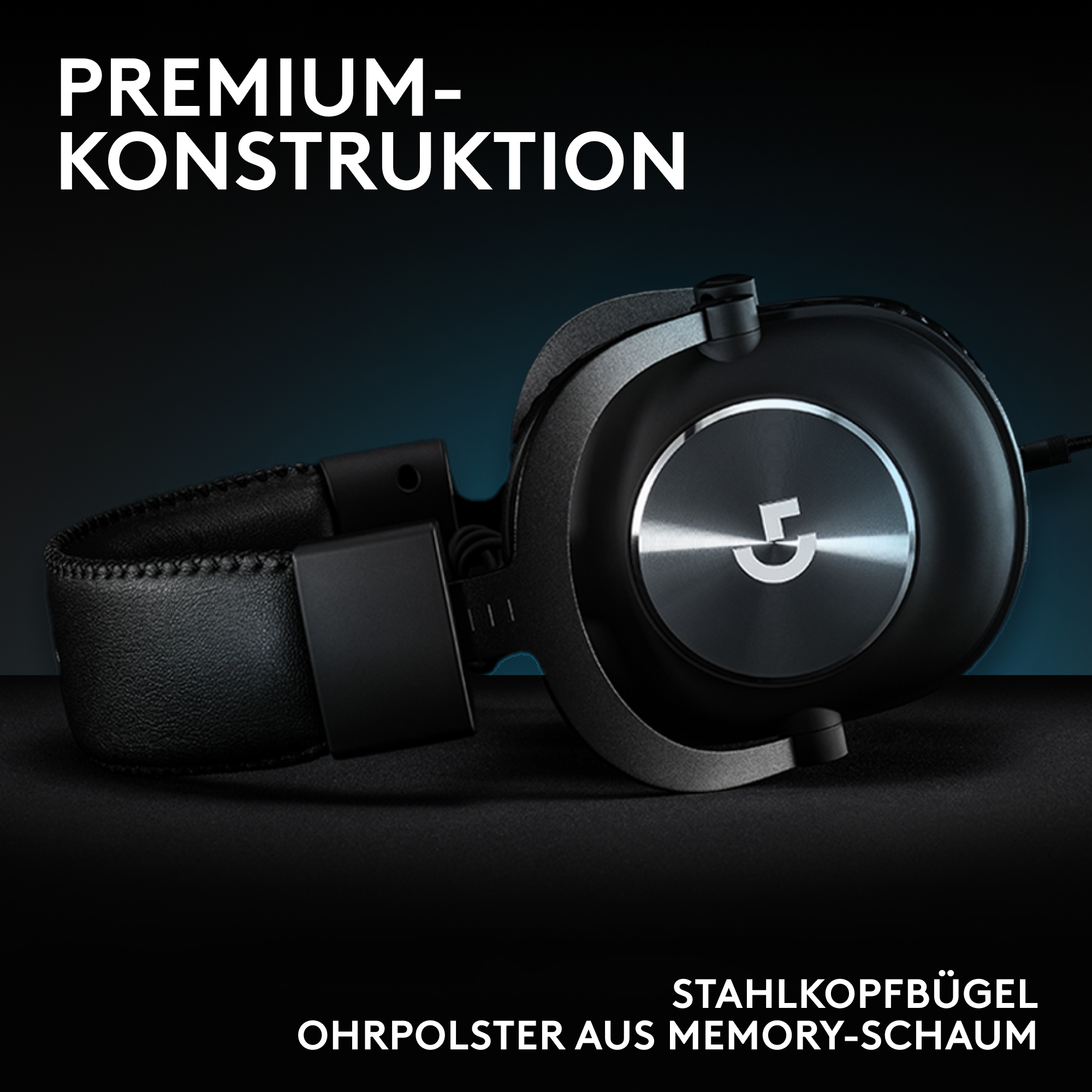 Schwarzer Gaming-Kopfhörer mit silbernem Logitech-Logo, auf schwarzem Untergrund.