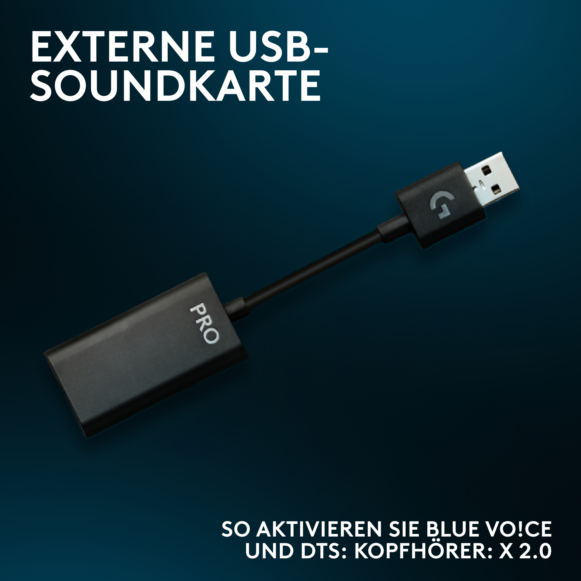 Schwarze externe USB-Soundkarte mit "PRO" und Logitech G Logo.