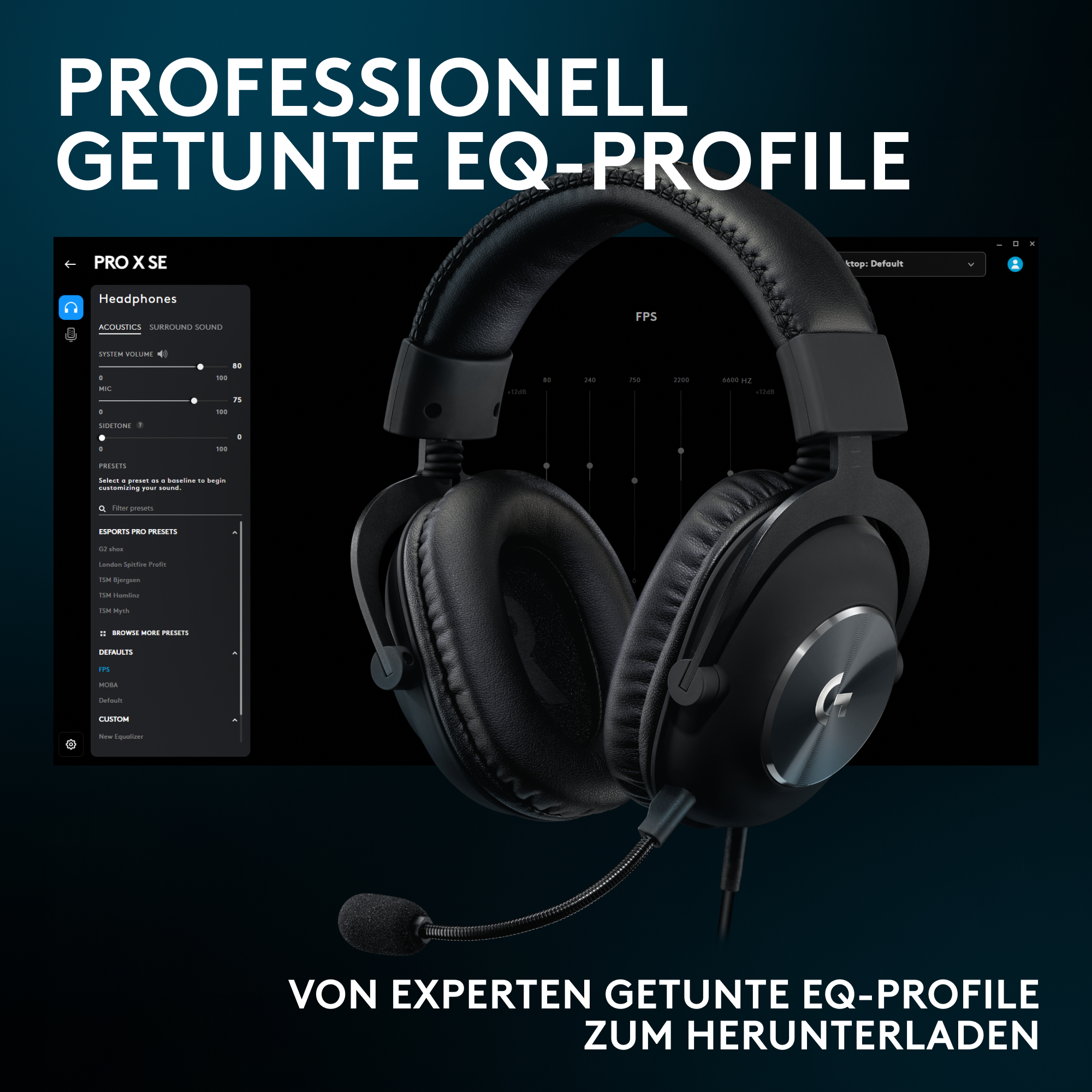 Schwarze Gaming-Kopfhörer mit Mikrofon und EQ-Software auf einem dunklen Hintergrund.