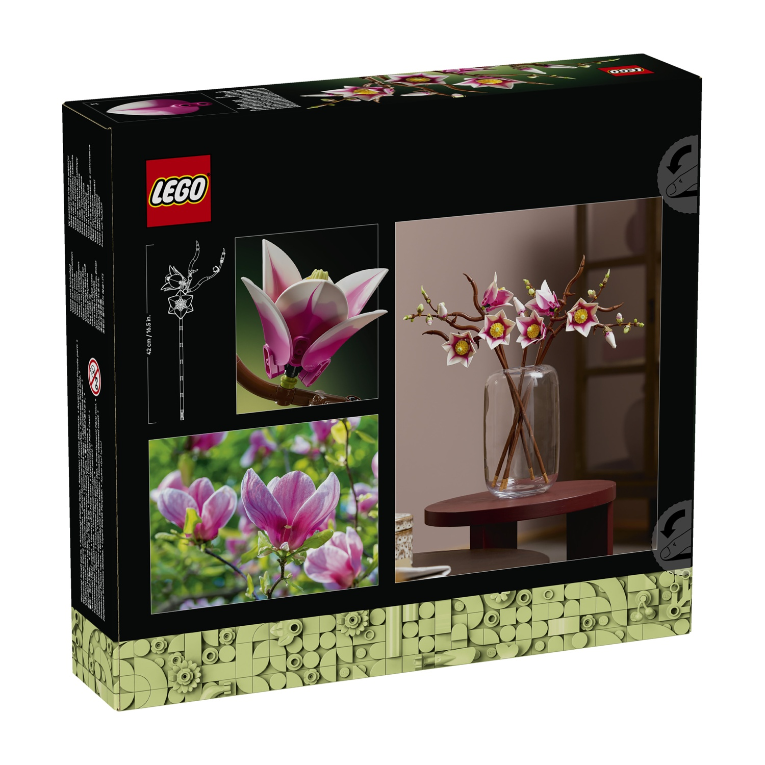 Scatola Lego con magnolie: modello, fiori veri, vaso. Decorazione.