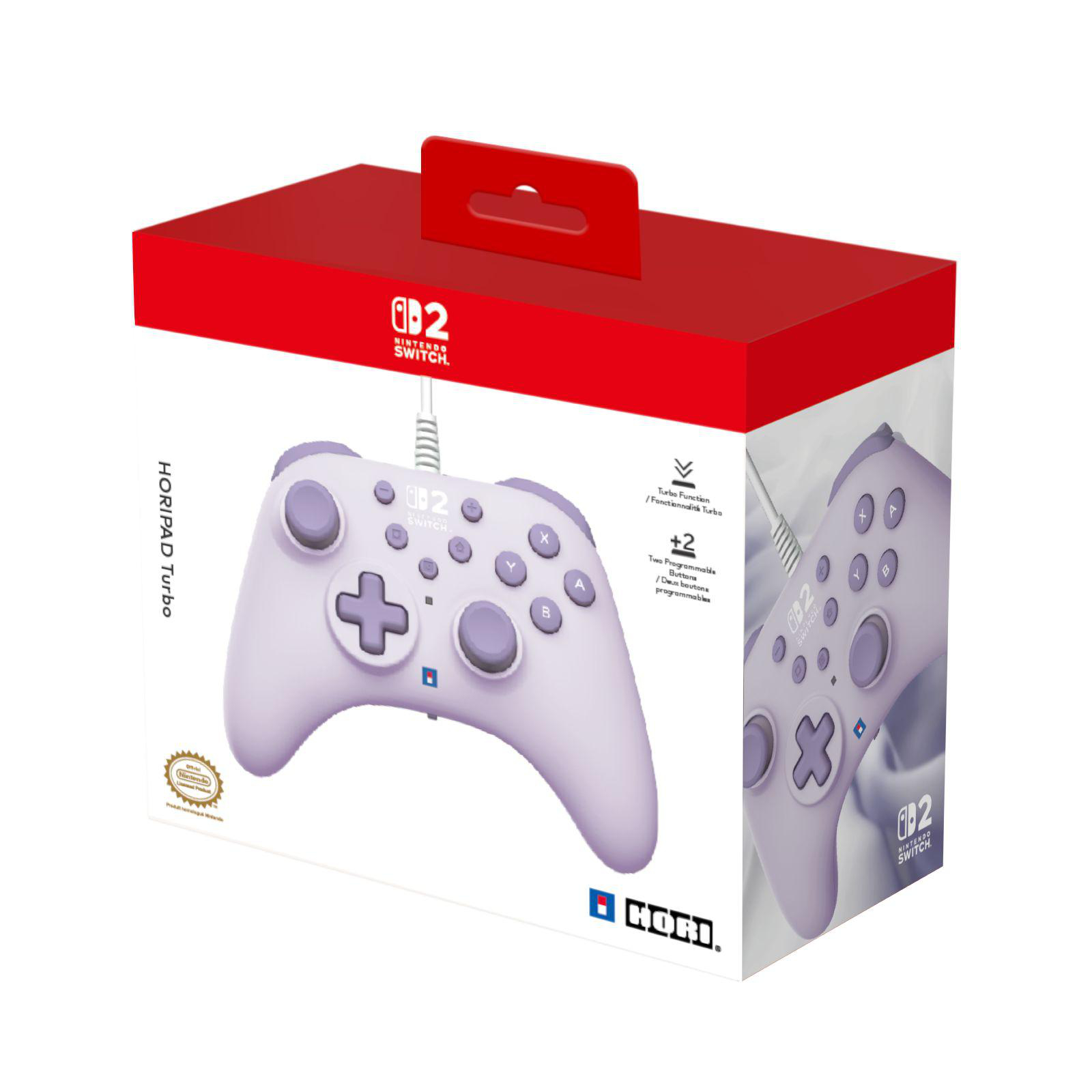 Lila Nintendo Switch Controller auf einer roten und weißen Box.