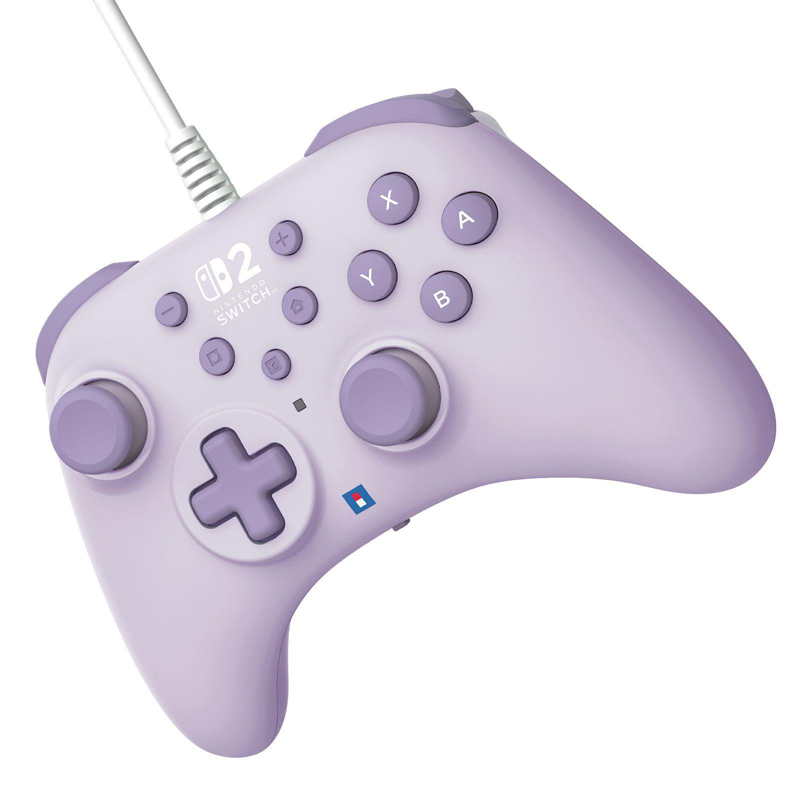 Ein lavendelfarbener Nintendo Switch Controller mit Kabel und Tasten.