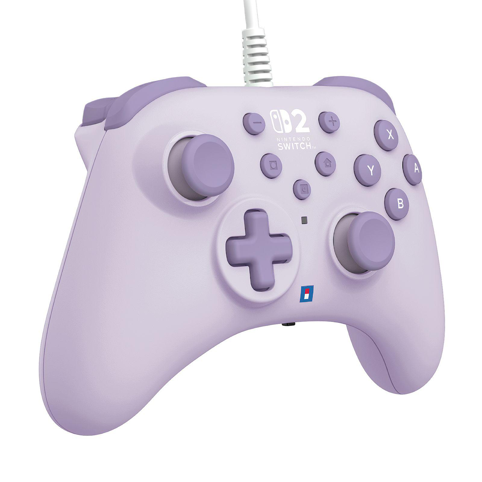 Ein lavendelfarbener Nintendo Switch Controller mit Knöpfen und Joysticks.