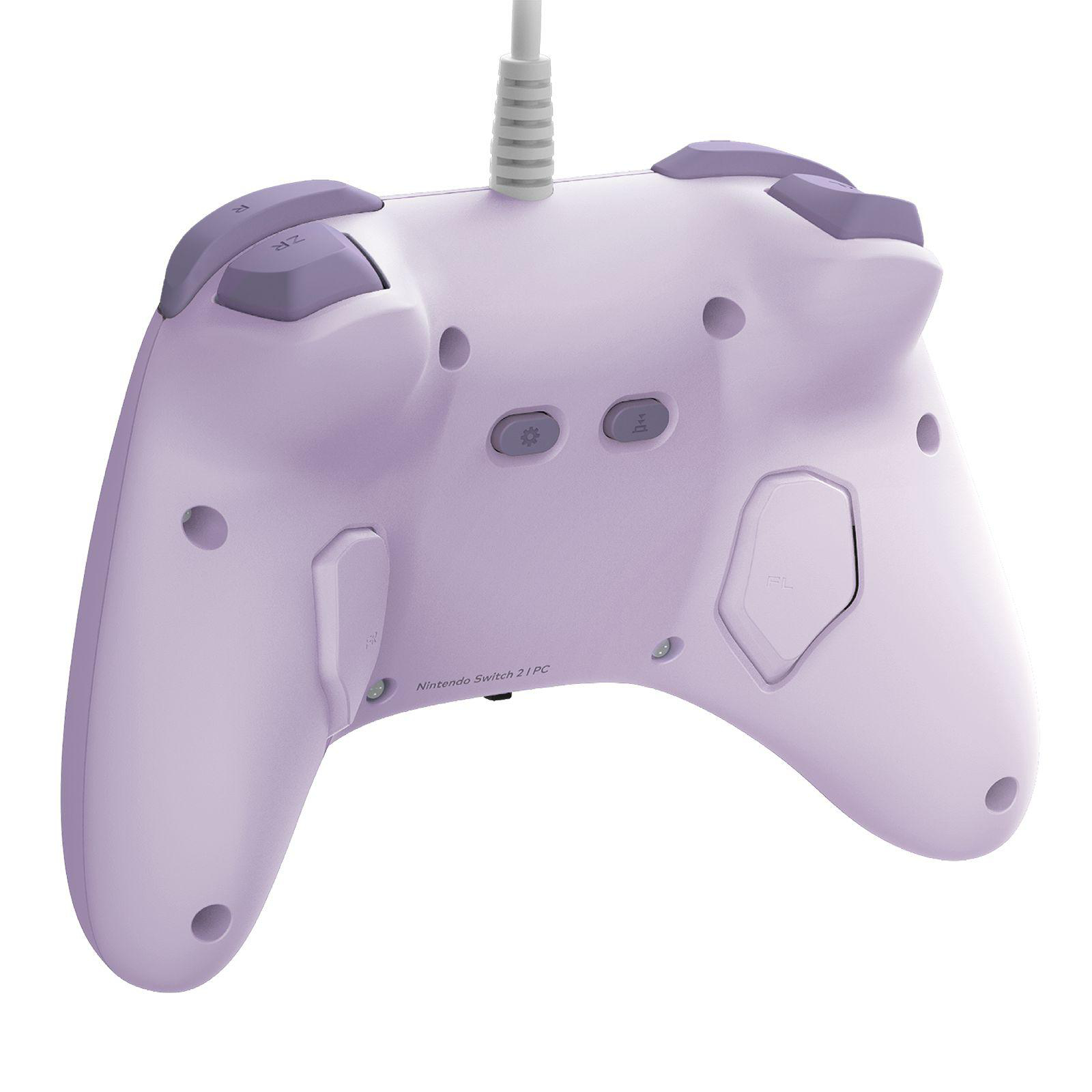 Lavendelfarbener Controller mit lila Knöpfen, weißem Kabel und Beschriftung.