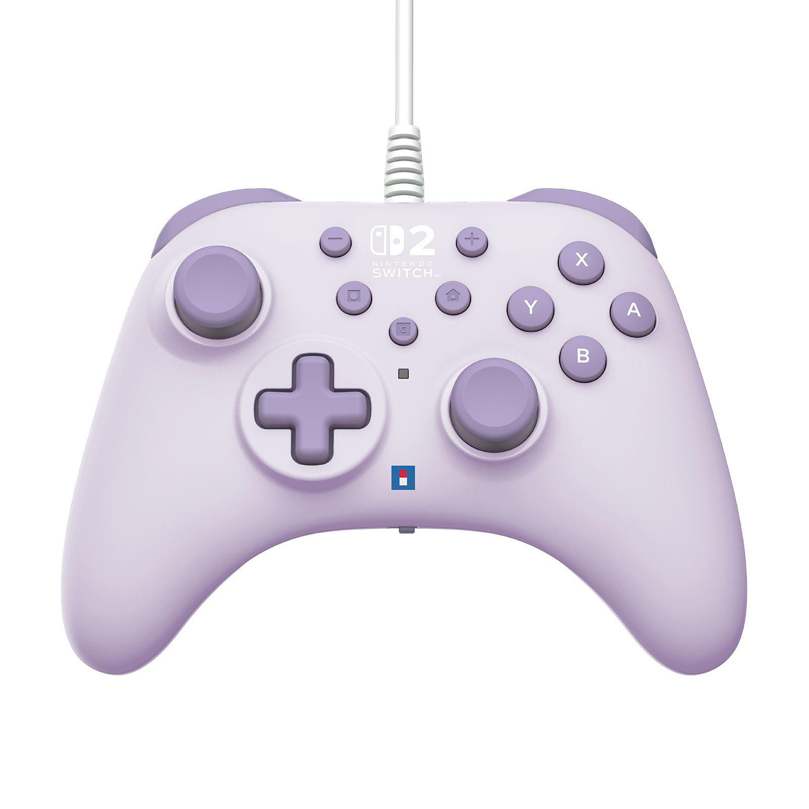 Ein lavendelfarbener Nintendo Switch Controller mit weißen Kabel.