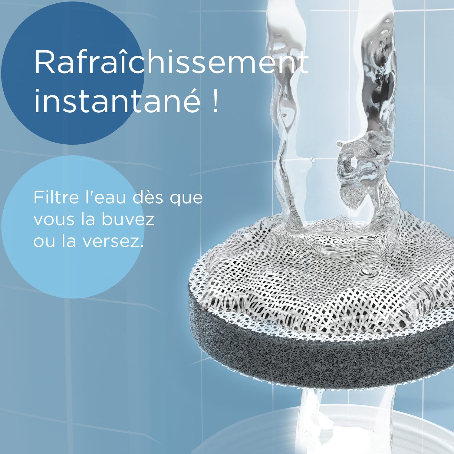 Water filter with flowing water and text about instant refreshment.
