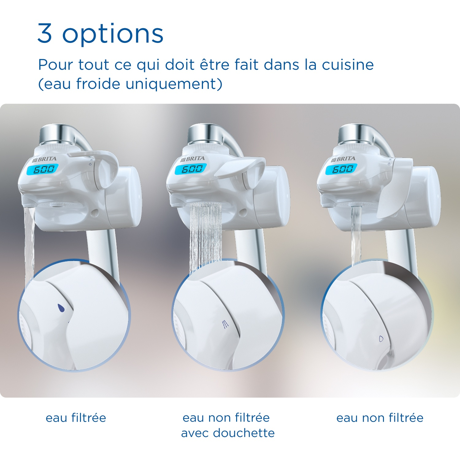 Three Brita faucet filter options: filtered, spray, and unfiltered.