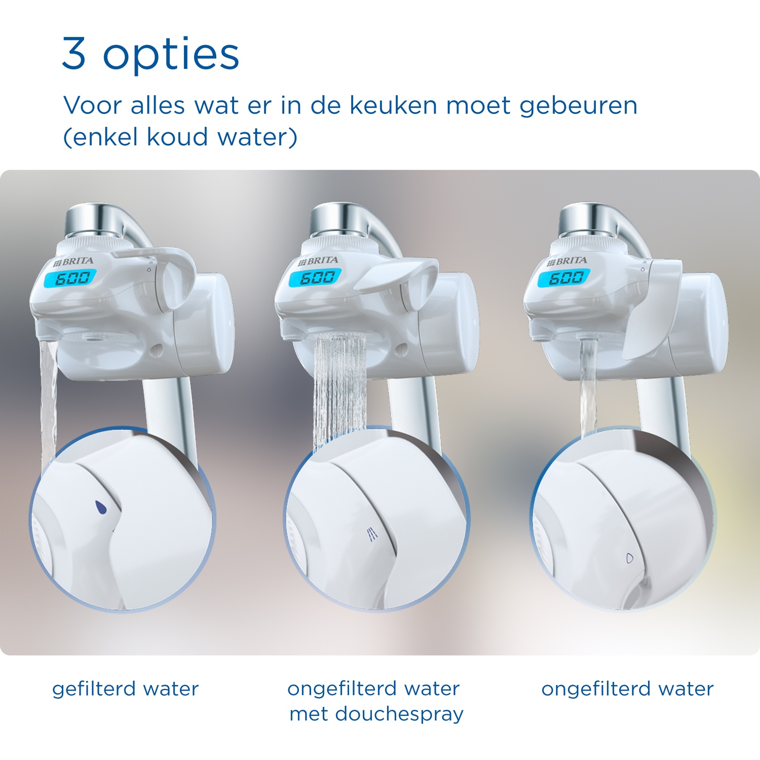Drie Brita kraanfilters tonen gefilterd en ongefilterd water.