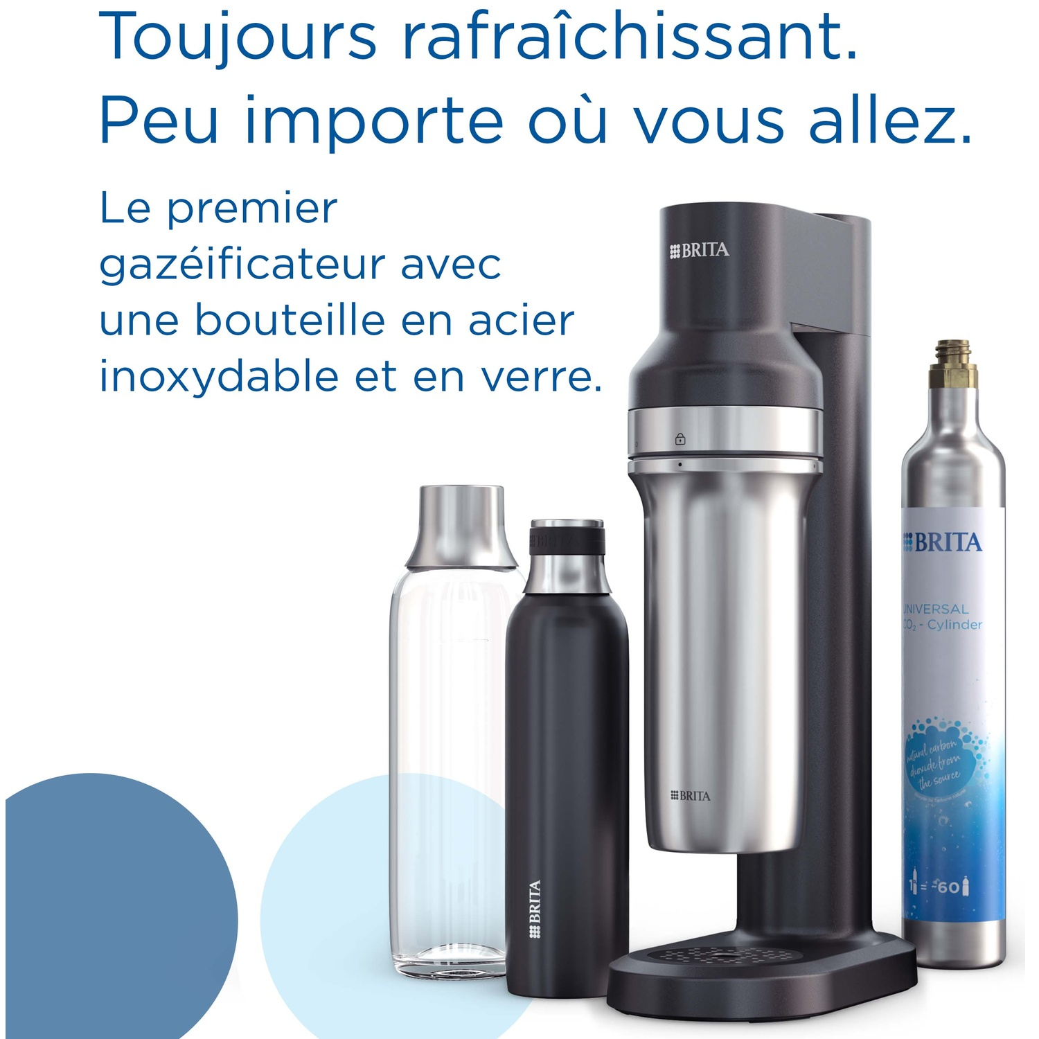 Brita water carbonator with glass and stainless steel bottles and CO2 cylinder.