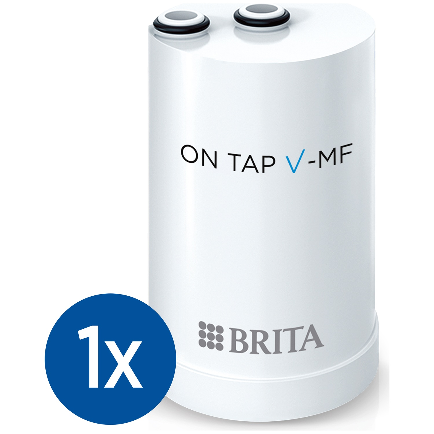 Witte Brita waterfilterkan met '1x' in blauwe cirkel. Tekst 'ON TAP V-MF'.