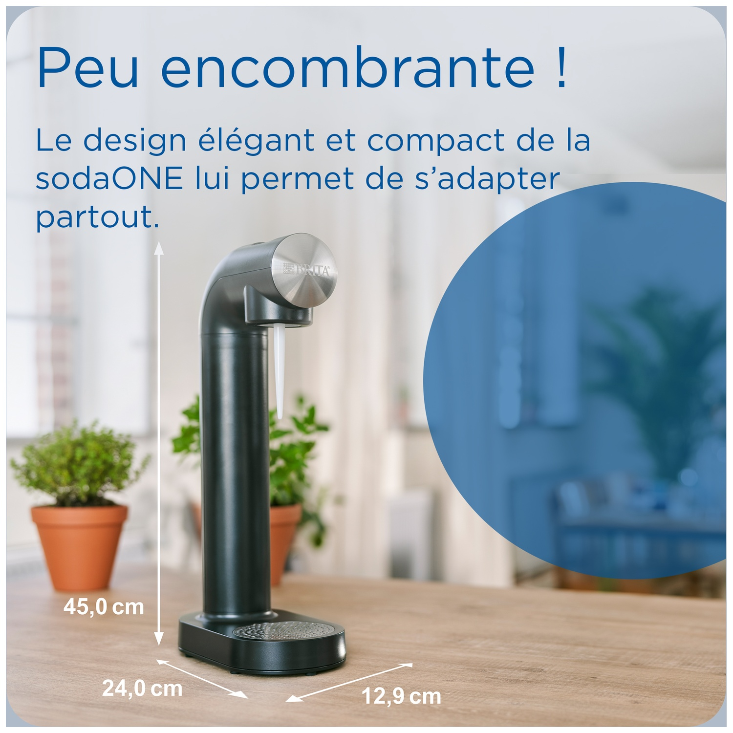 Compact water dispenser with silver button and plants in the background.