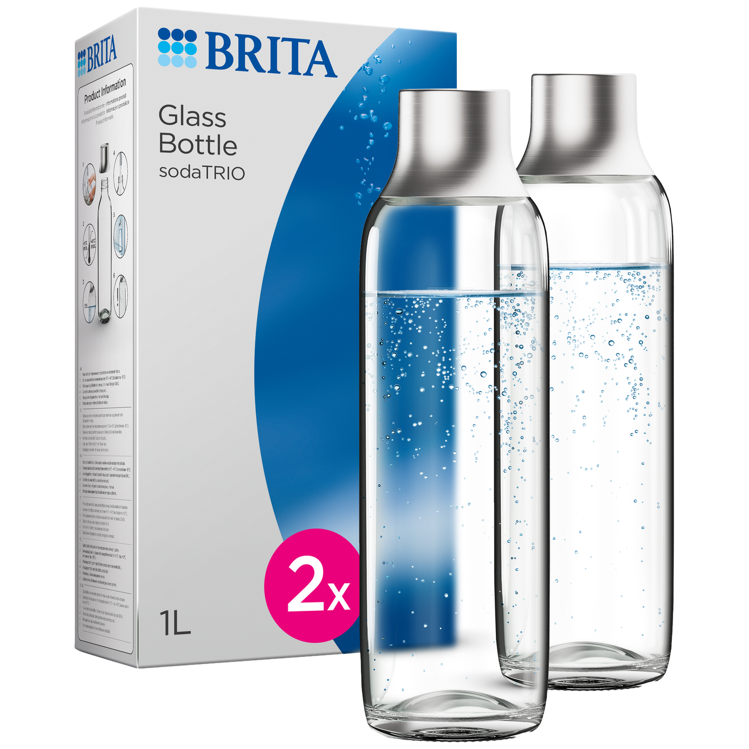 Deux bouteilles en verre Brita 1L pour soda avec emballage produit. Bulles visibles.