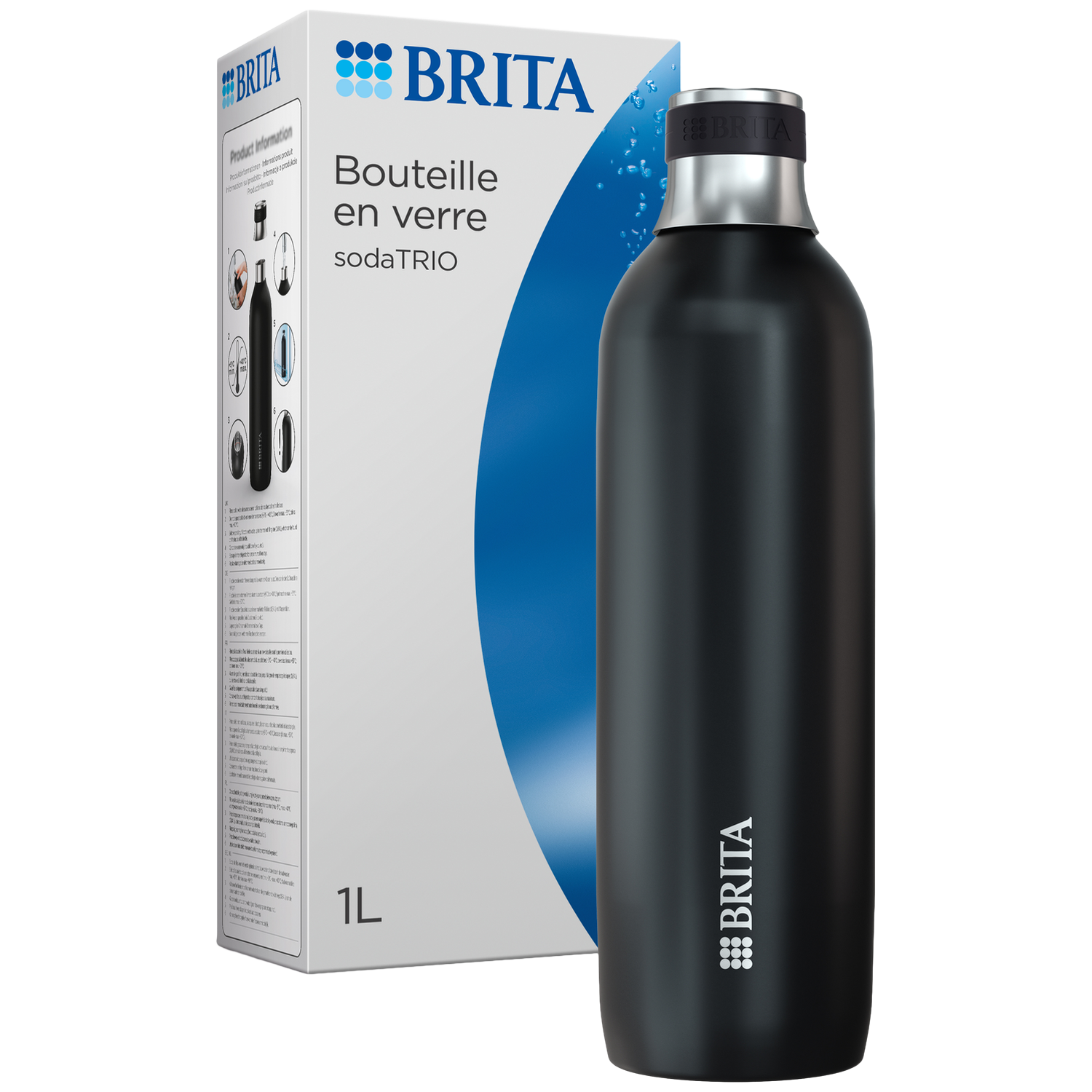 Bouteille Brita en verre noire pour eau gazeuse avec bouchon argenté, à côté de l'emballage.