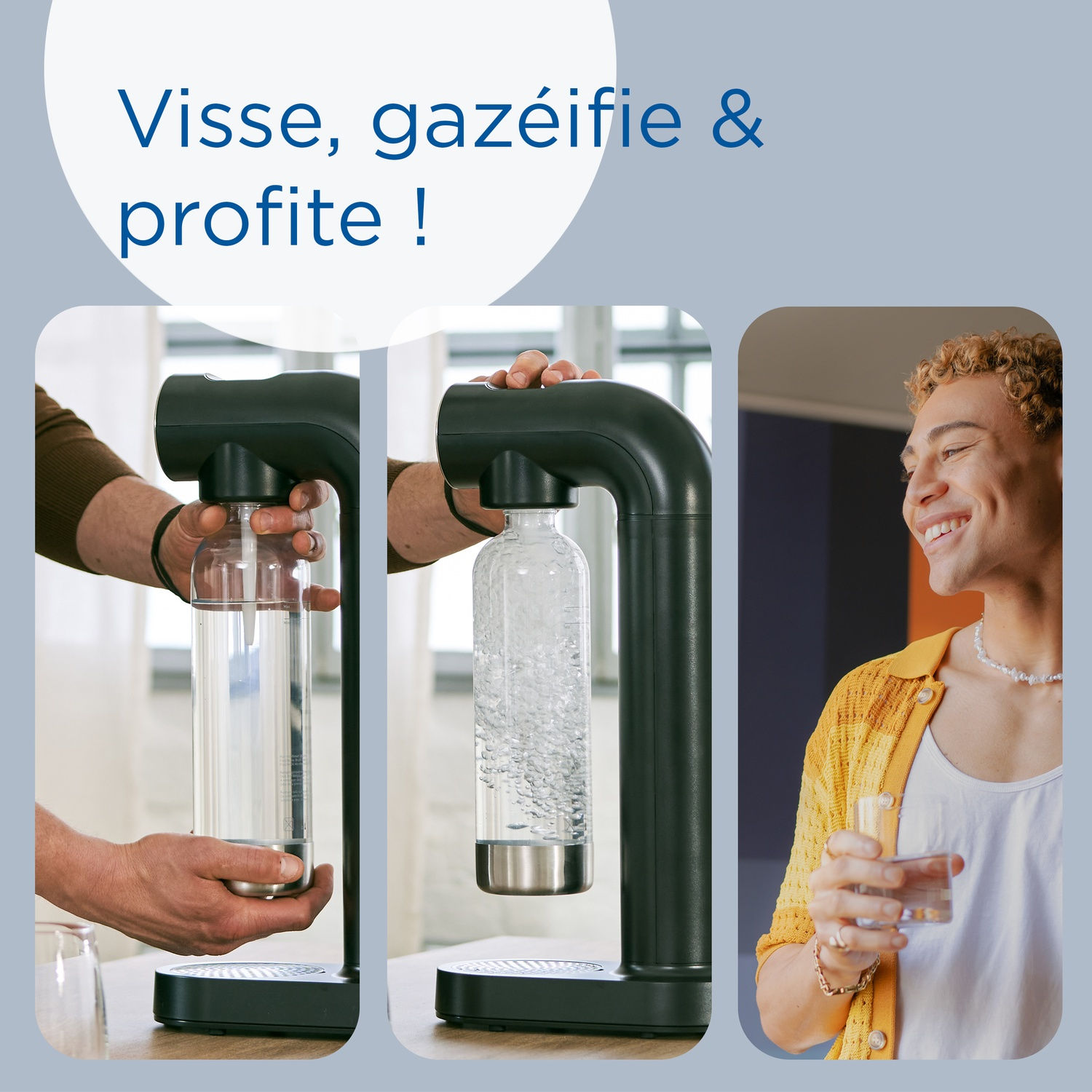 A man carbonates water with a soda maker. Another man drinks water.