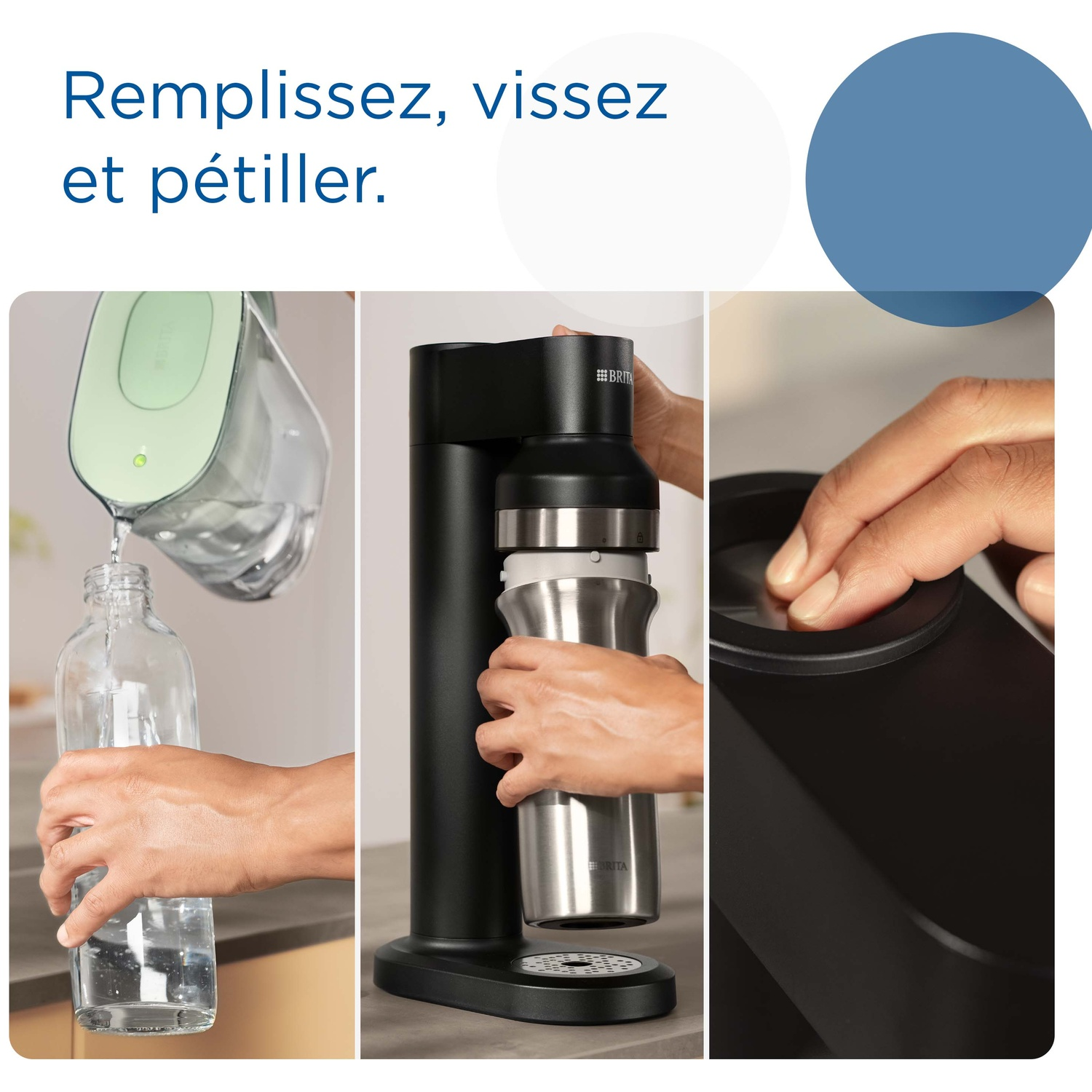 Une personne remplit une bouteille en verre, insère une bouteille en métal dans un distributeur et appuie sur un bouton.
