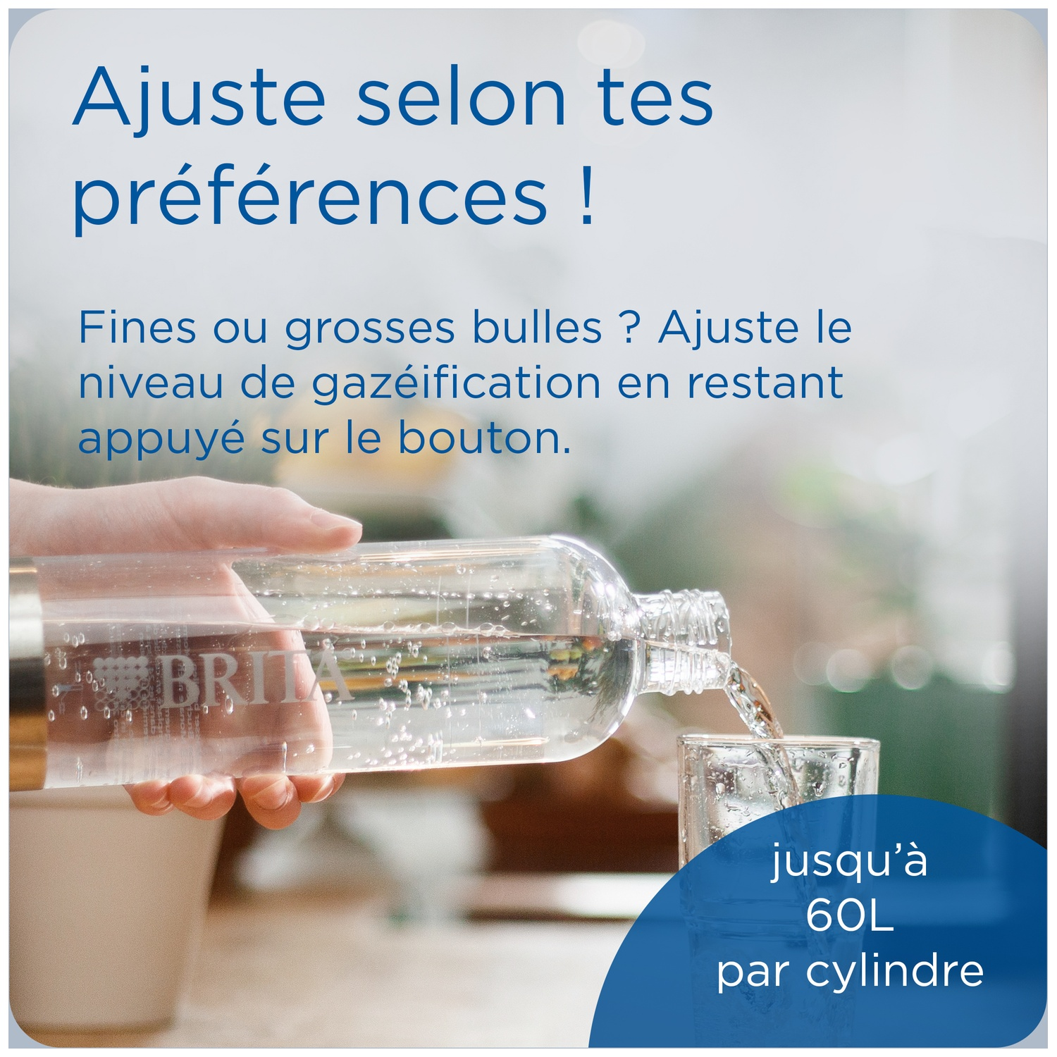 Water being poured from a Brita bottle into a glass. Up to 60L per cylinder.