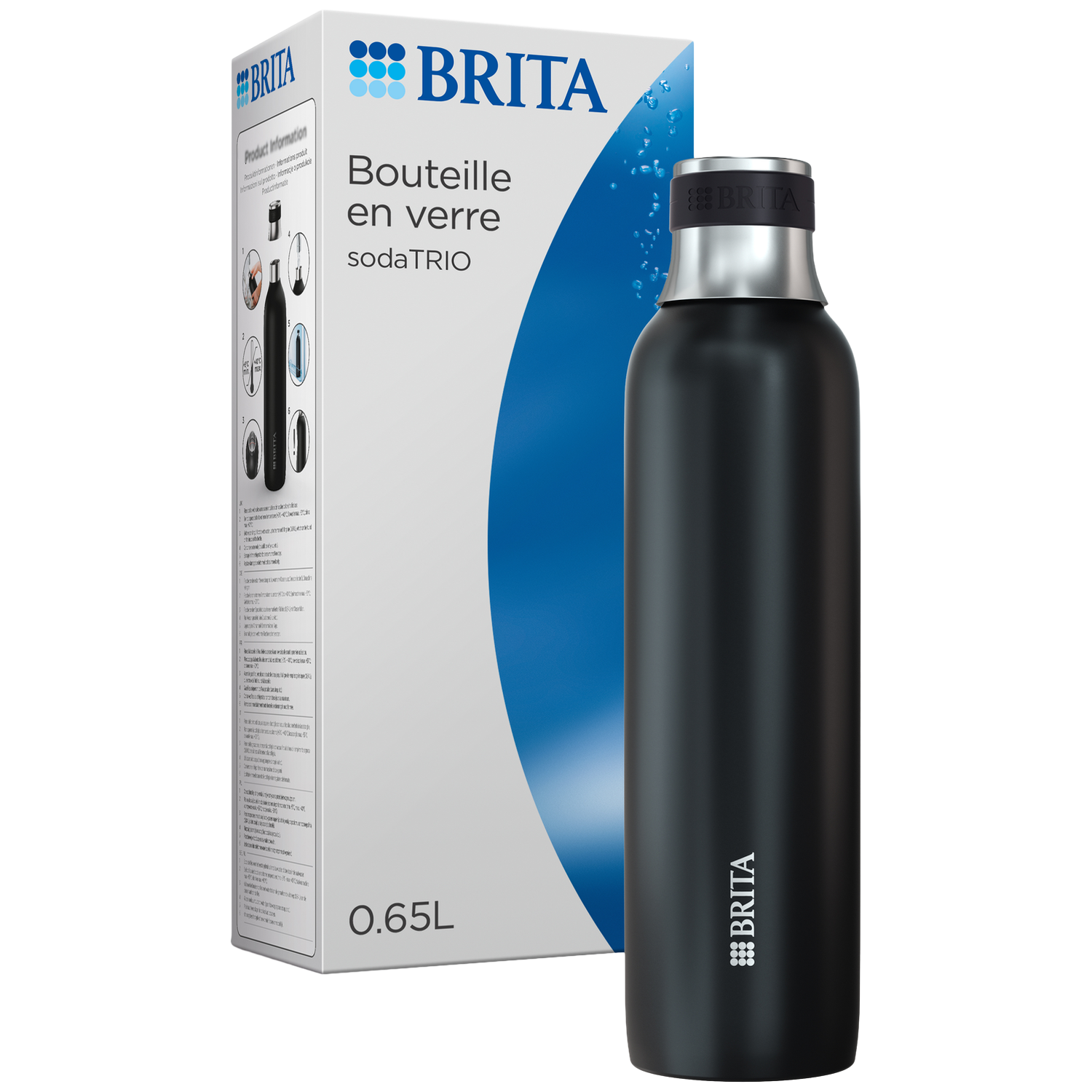 Une bouteille en verre Brita noire avec un capuchon argenté, à côté de son emballage.