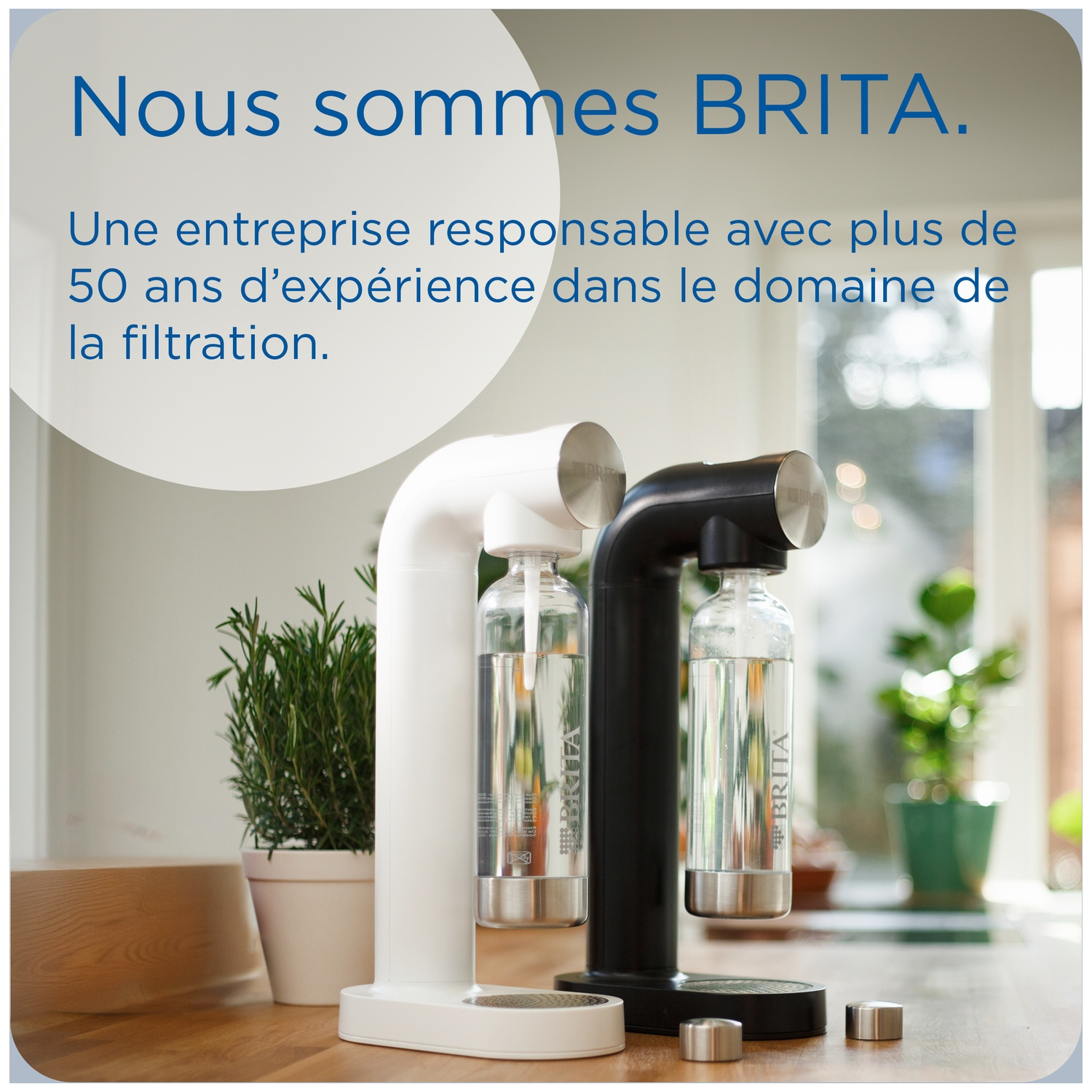 Two Brita water dispensers, one white, one black, with bottles.