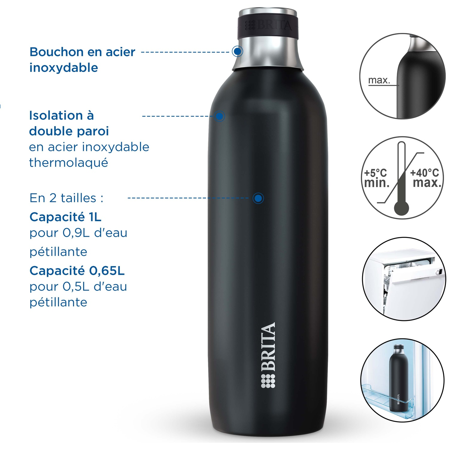 Bouteille Brita noire avec bouchon en acier, isolation double paroi.