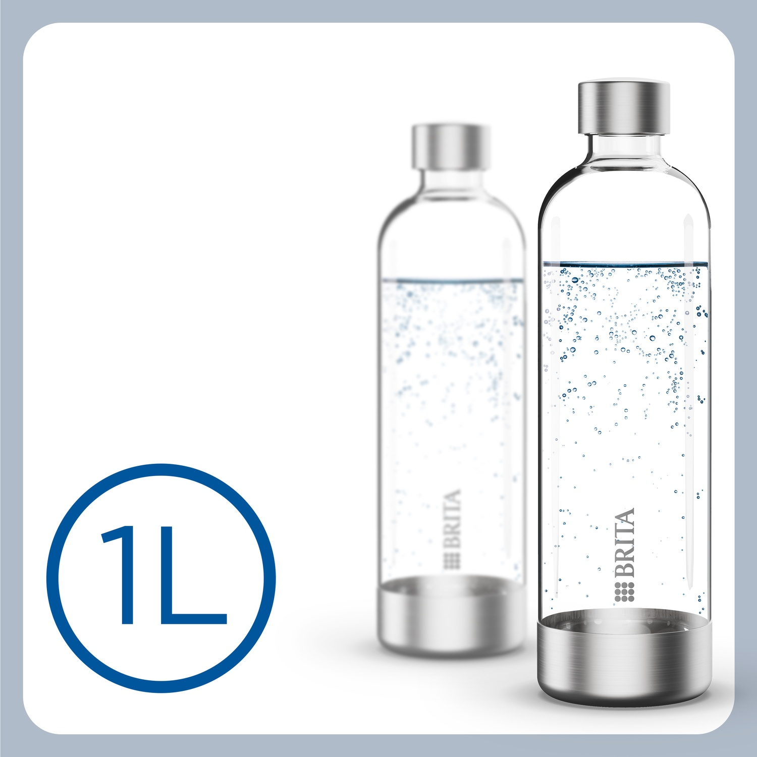 Two glass Brita water bottles with silver caps. A 1L icon is on the left.