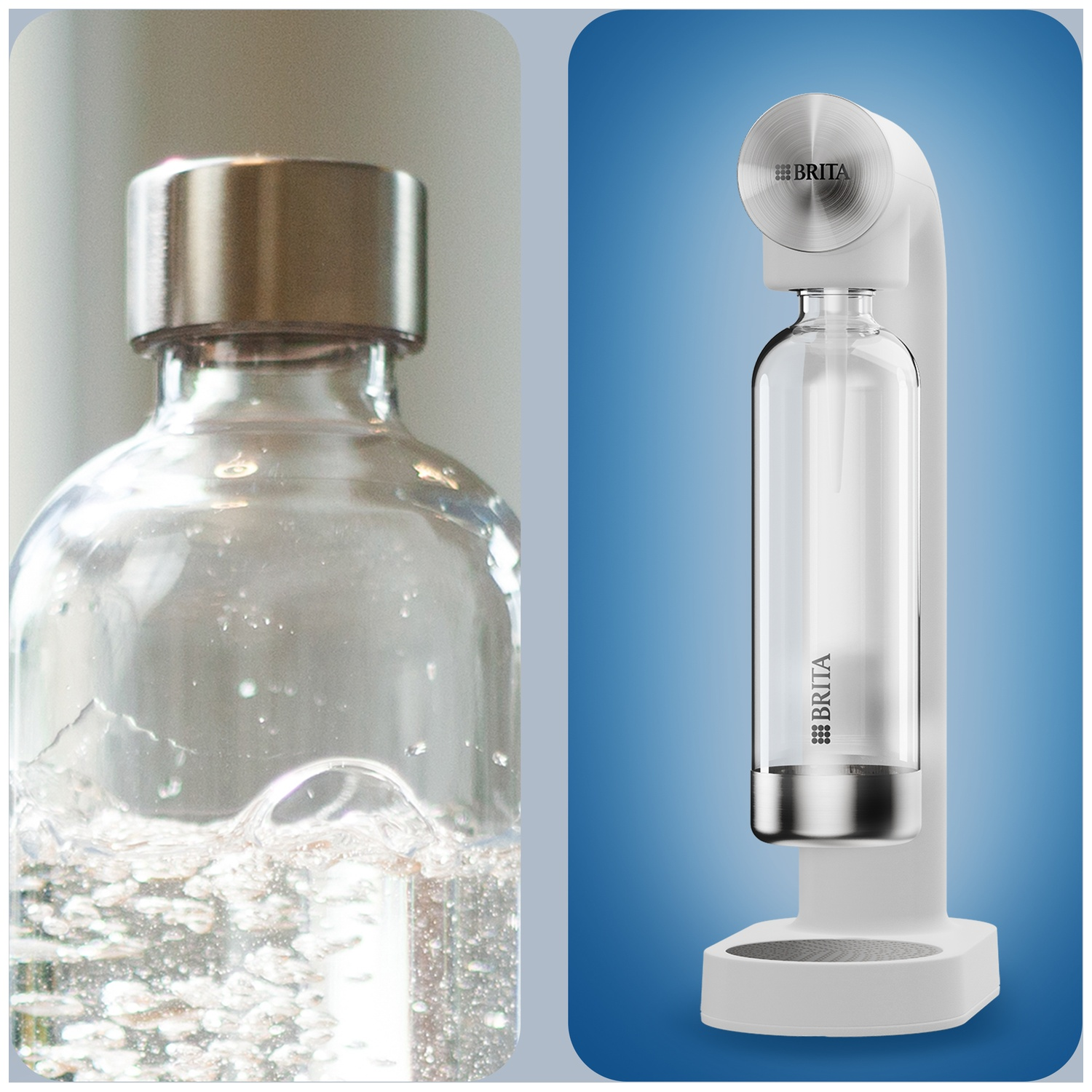 A Brita water carbonator with a bottle on a blue background.