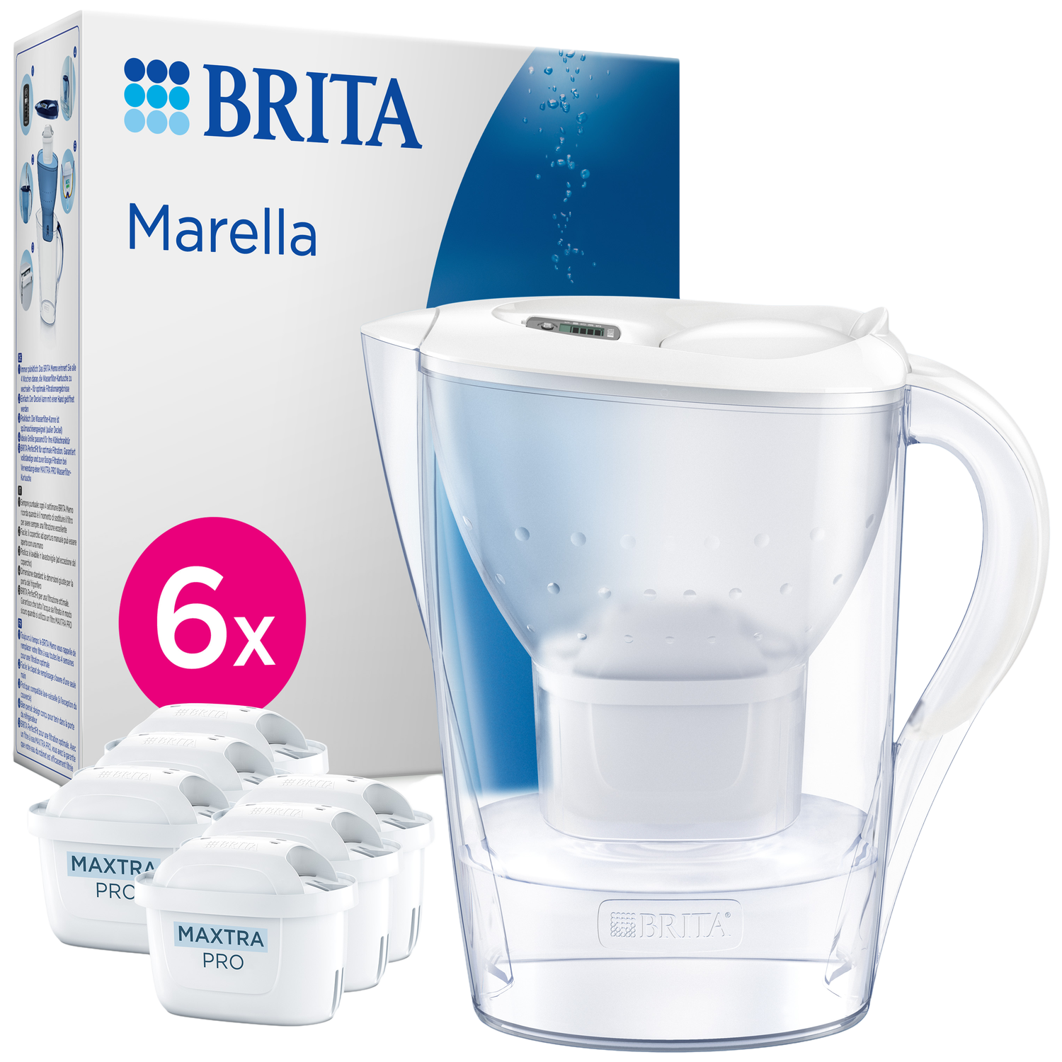 BRITA Marella waterfilter met 6 MAXTRA PRO filters en verpakking.