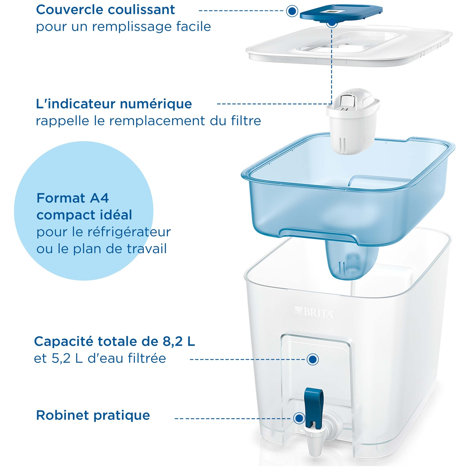 Sliding lid for easy filling, with digital indicator and tap.