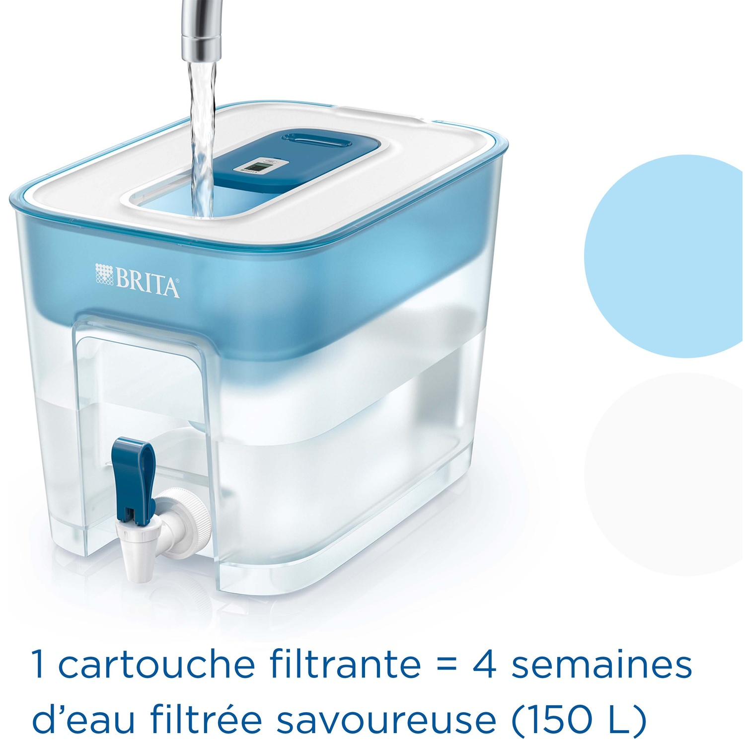 A Brita water filter pitcher being filled with water from a faucet.