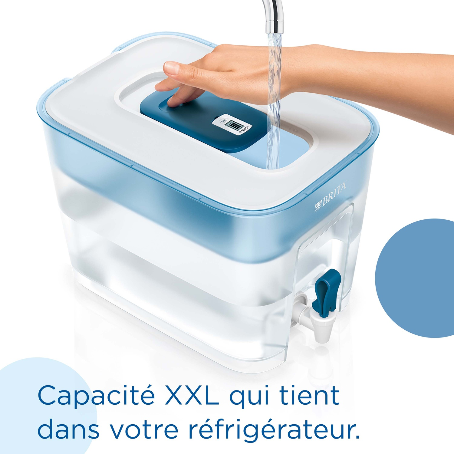 A hand opens a Brita water filter. Water flows from the faucet.