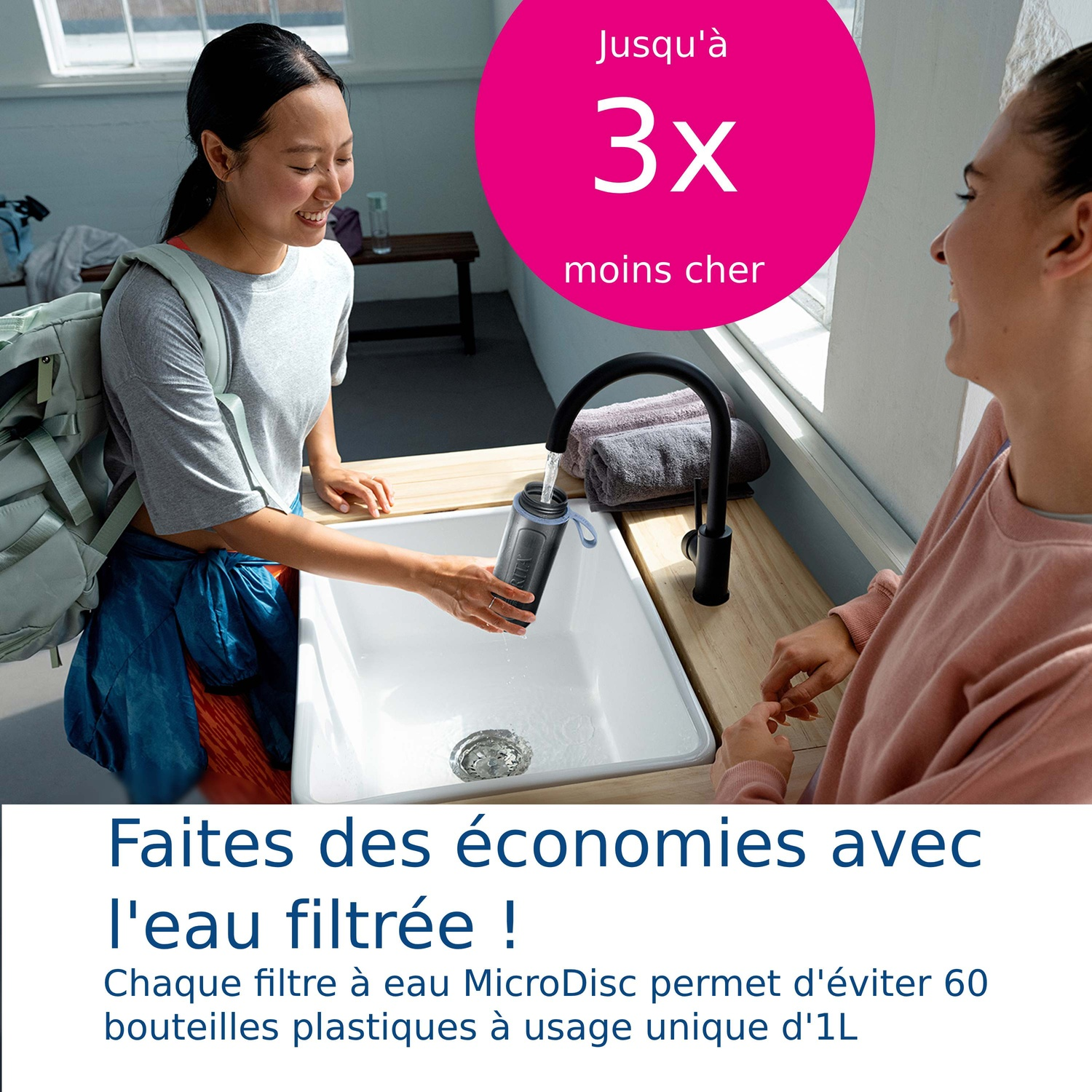 Woman fills a water bottle at a sink. Text about savings.