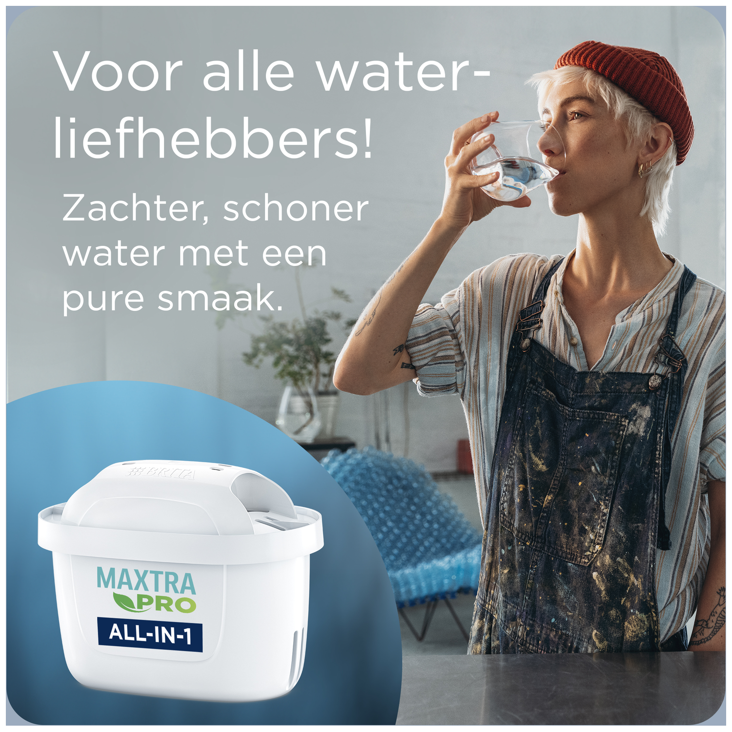 A woman drinks water. Left is a Brita MAXTRA PRO filter cartridge.
