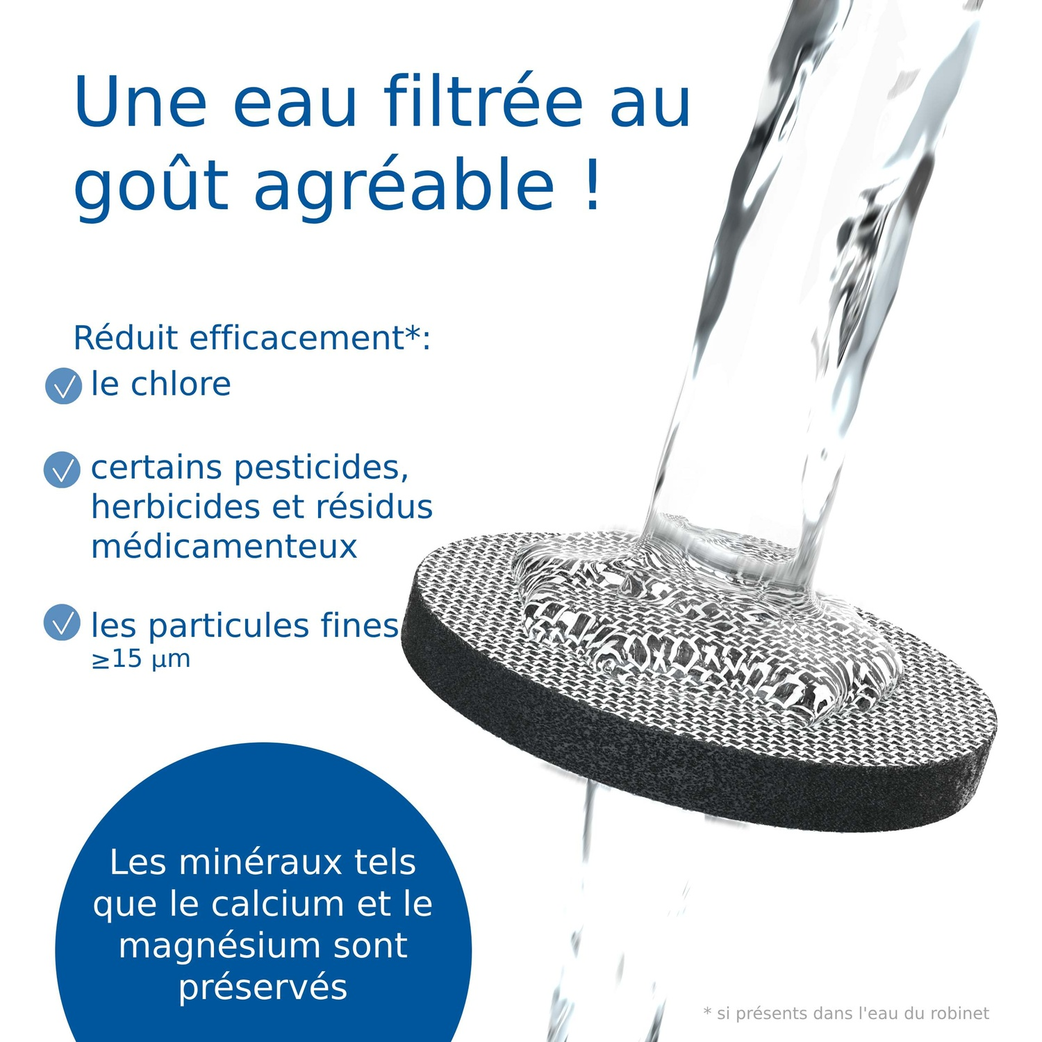 Gefilterd water met aangename smaak, vermindert chloor en pesticiden.
