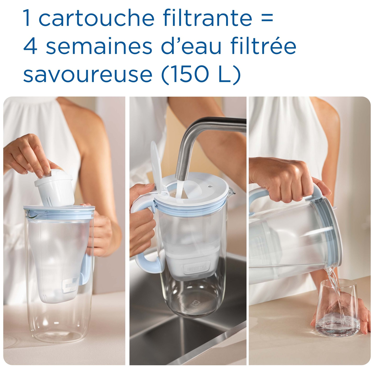 A woman inserts a filter cartridge into a water pitcher and fills it.
