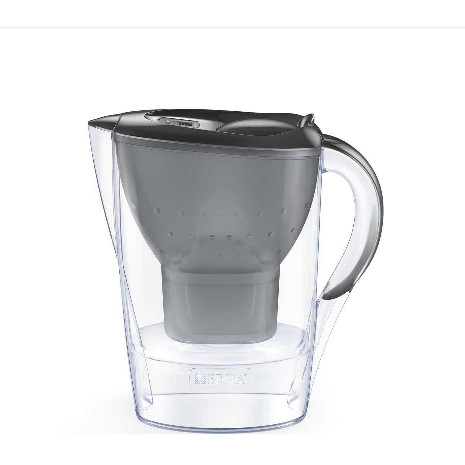Een doorzichtige waterfilterkan met een grijze inzet en een zwart deksel.