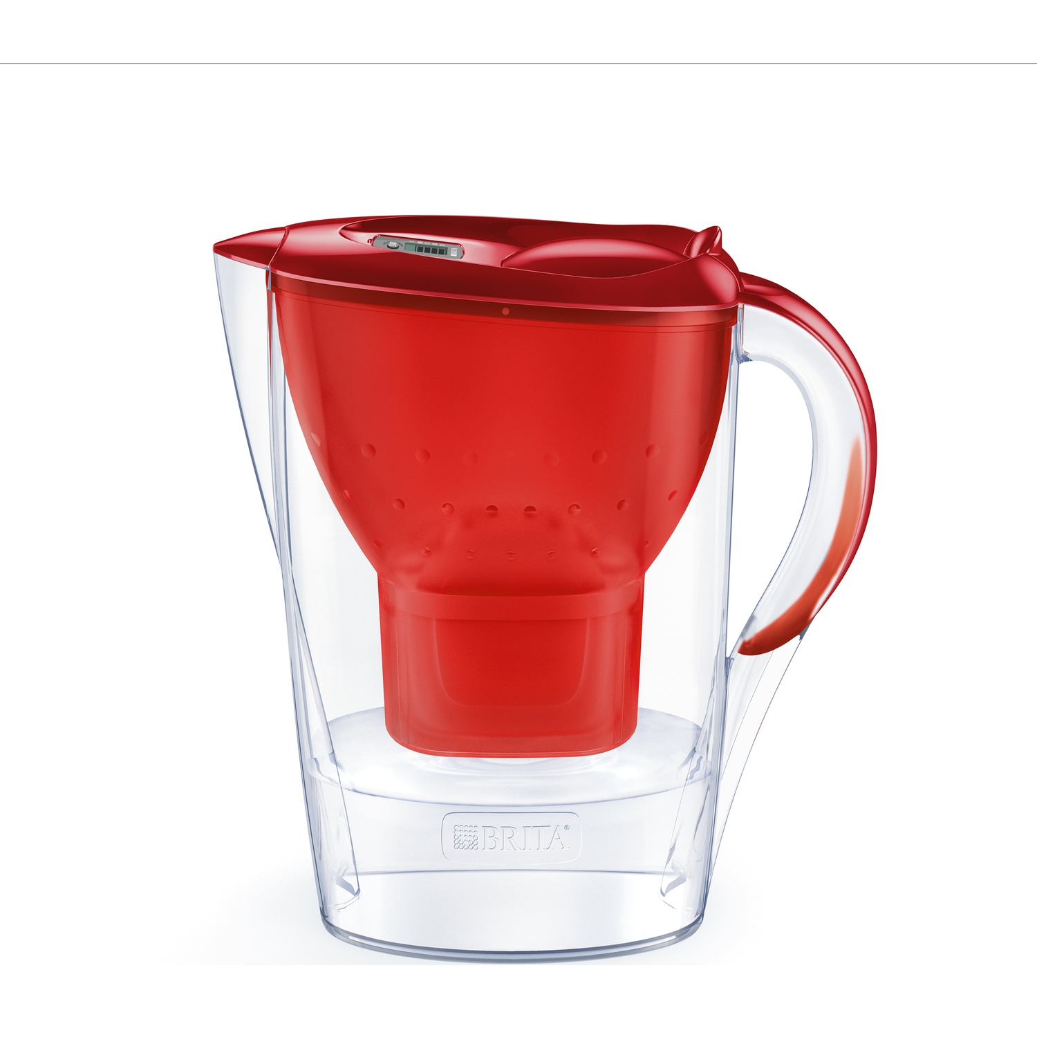 Rode Brita waterfilterkan met digitale indicator op het deksel.