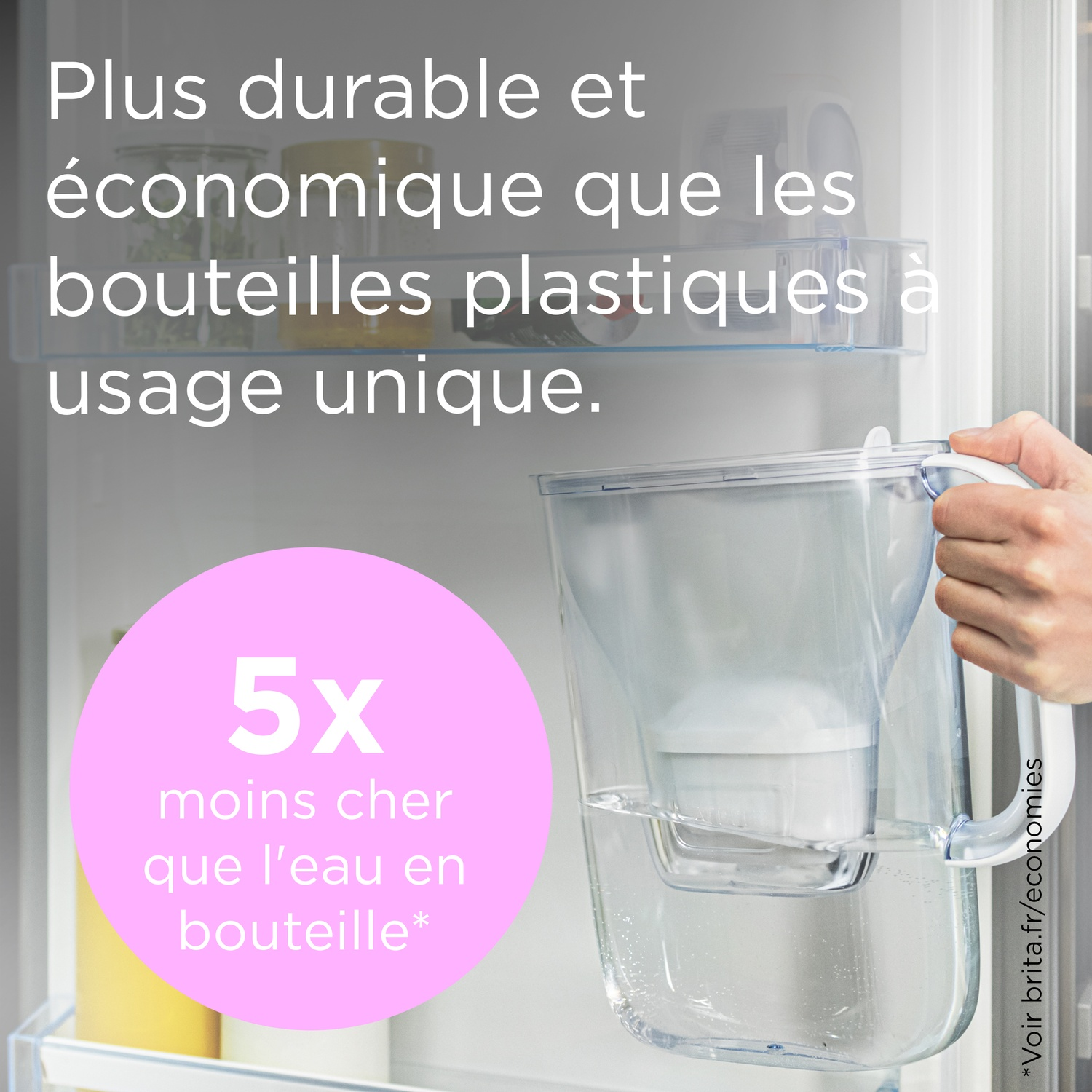 Une carafe filtrante avec filtre et eau. Texte sur la durabilité et les économies.